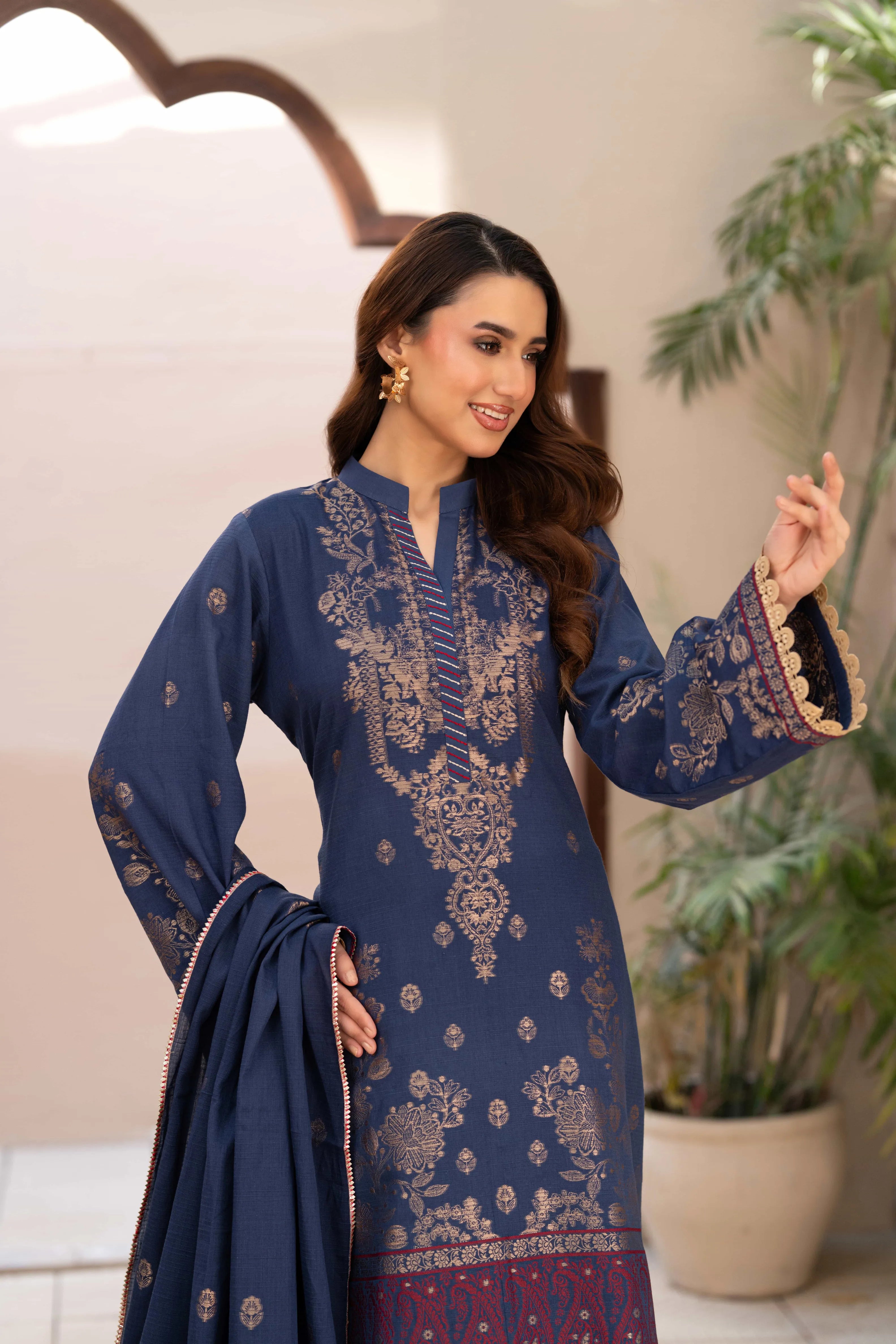 3 Pc Unstitched Premium Jacquard Lawn Navy Suit