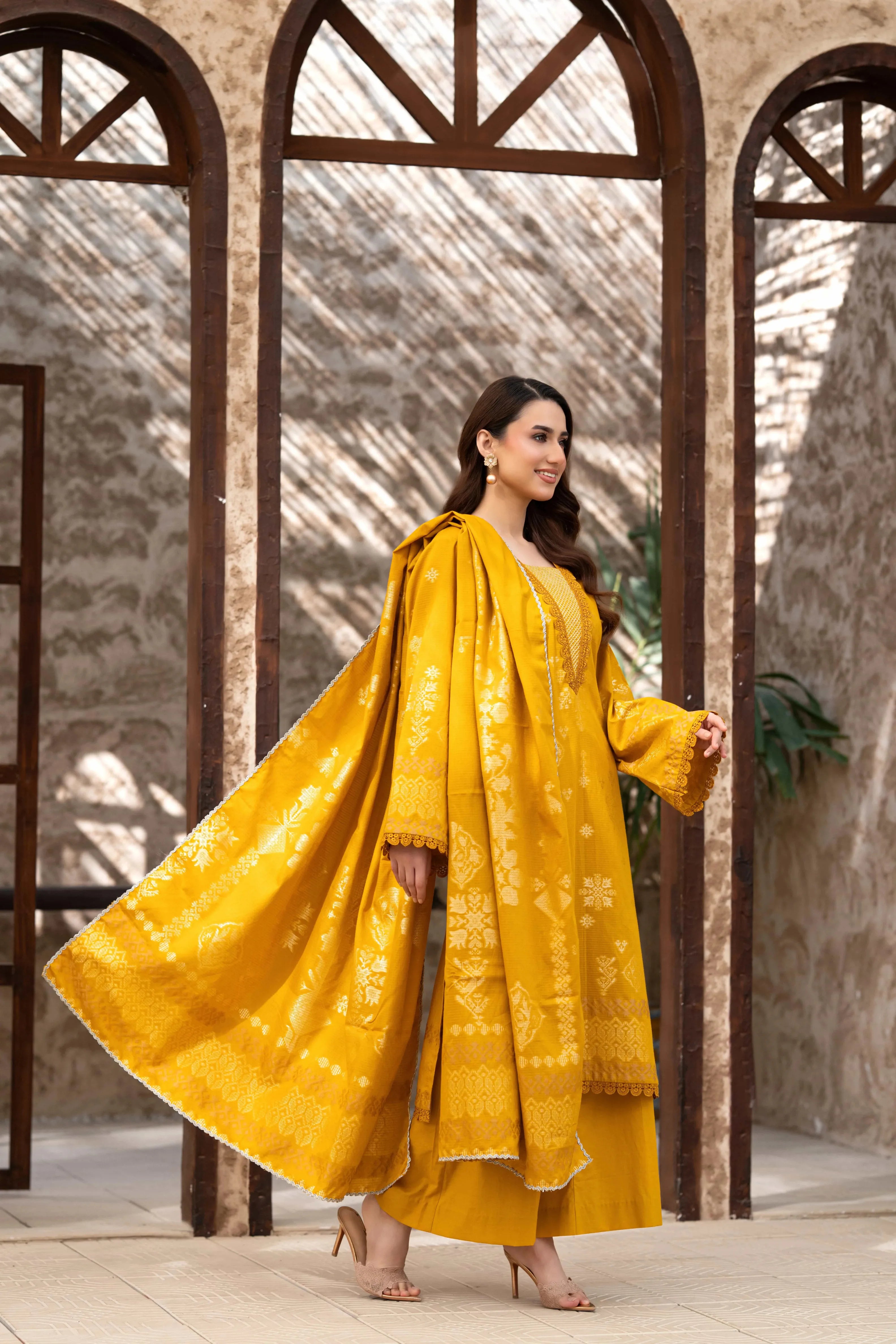 3 Pc Unstitched Premium Jacquard Lawn Mustard Yellow Suit