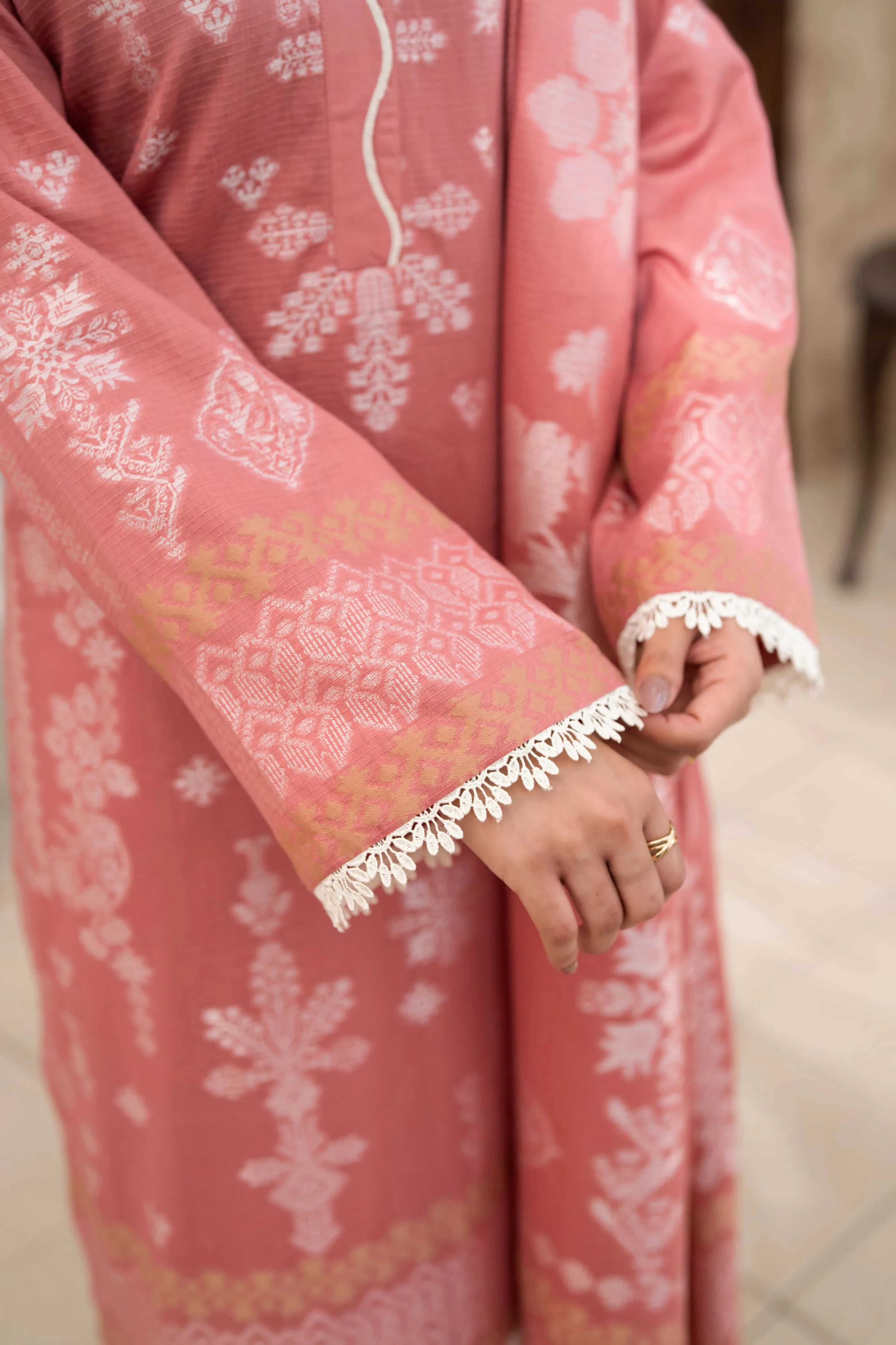 3 Pc Unstitched Premium Jacquard Lawn Peach Royal Suit