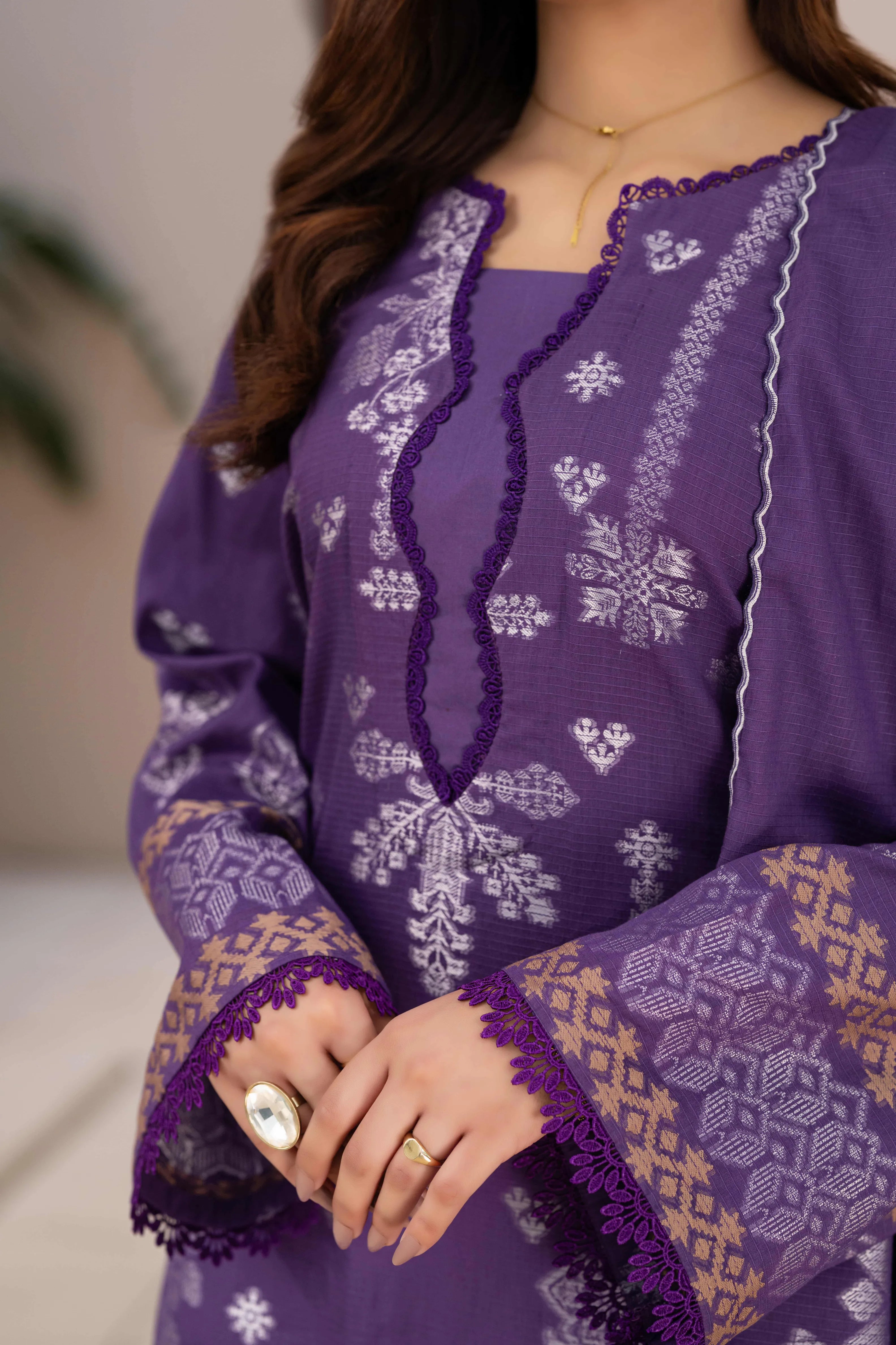 3 Pc Unstitched Premium Jacquard Lawn Purple Suit