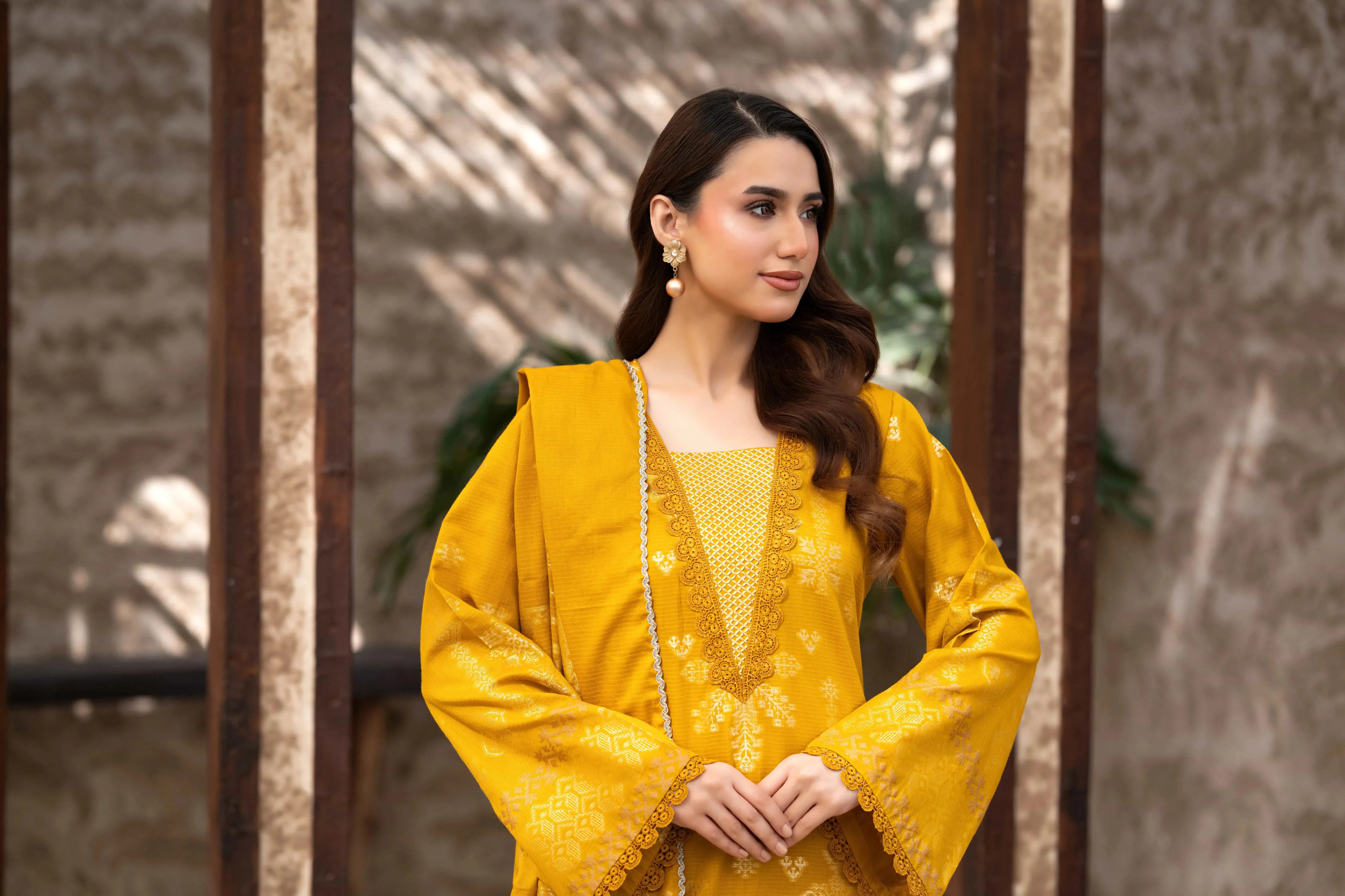 3 Pc Unstitched Premium Jacquard Lawn Mustard Yellow Suit