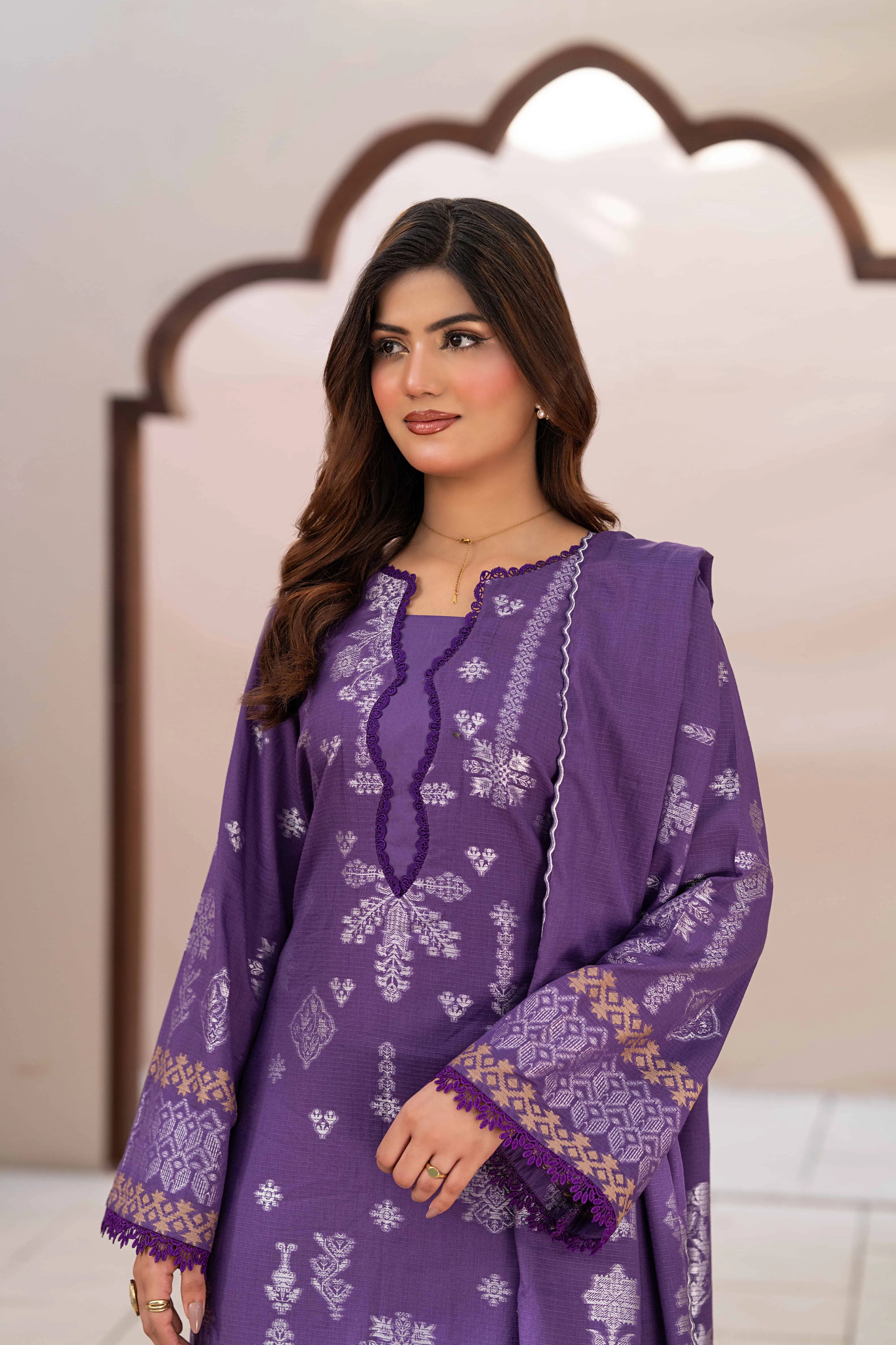 3 Pc Unstitched Premium Jacquard Lawn Purple Suit