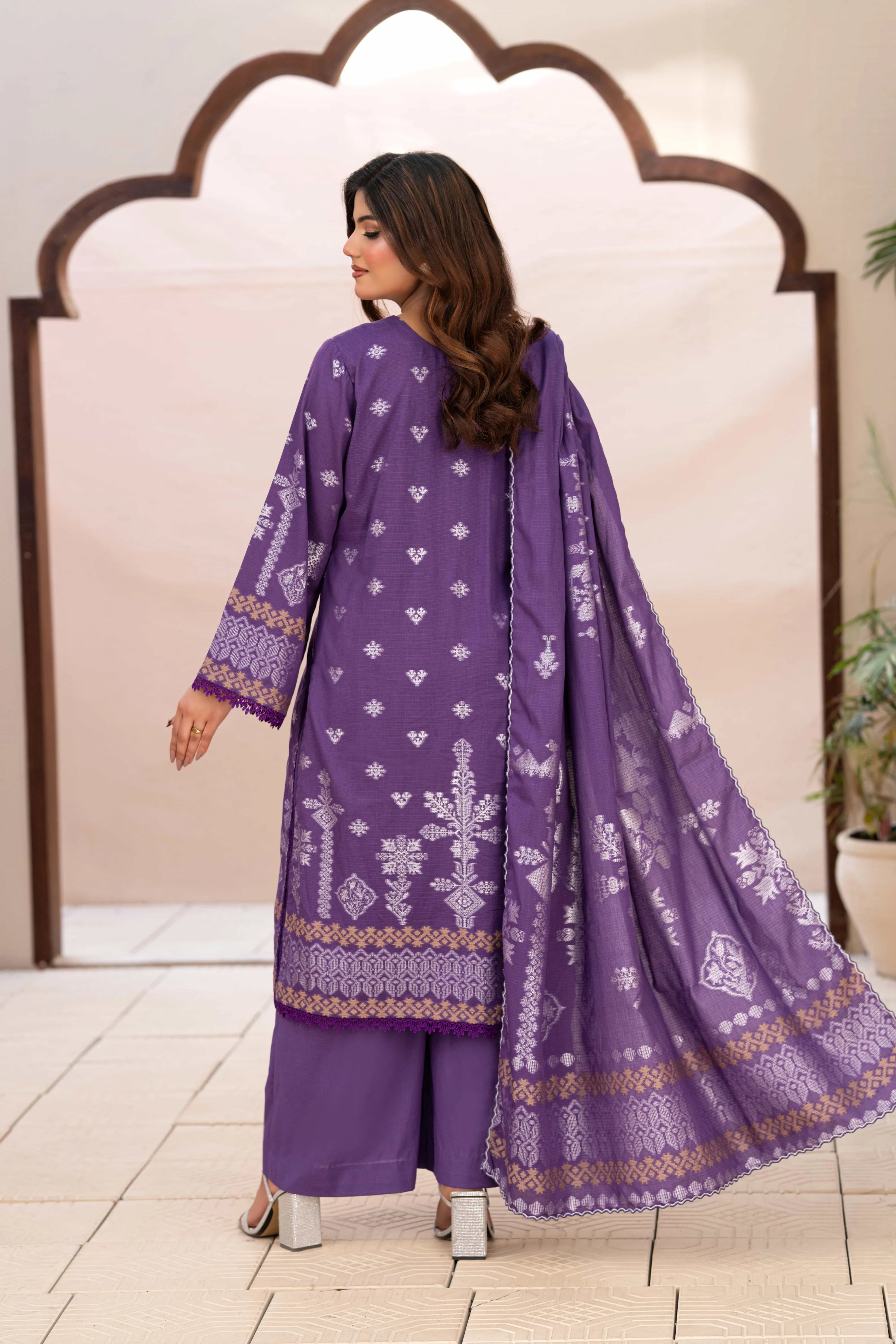 3 Pc Unstitched Premium Jacquard Lawn Purple Suit