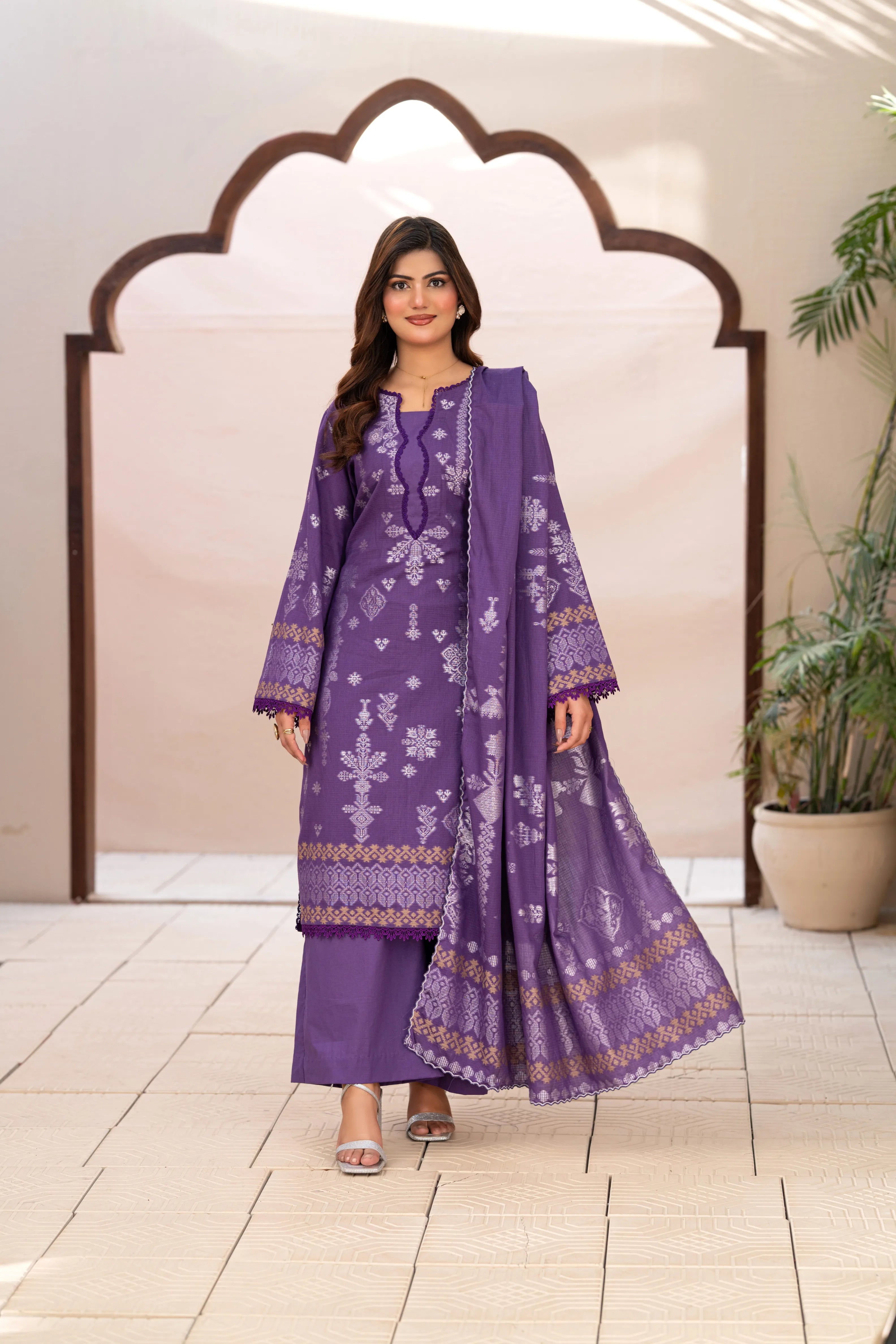 3 Pc Unstitched Premium Jacquard Lawn Purple Suit