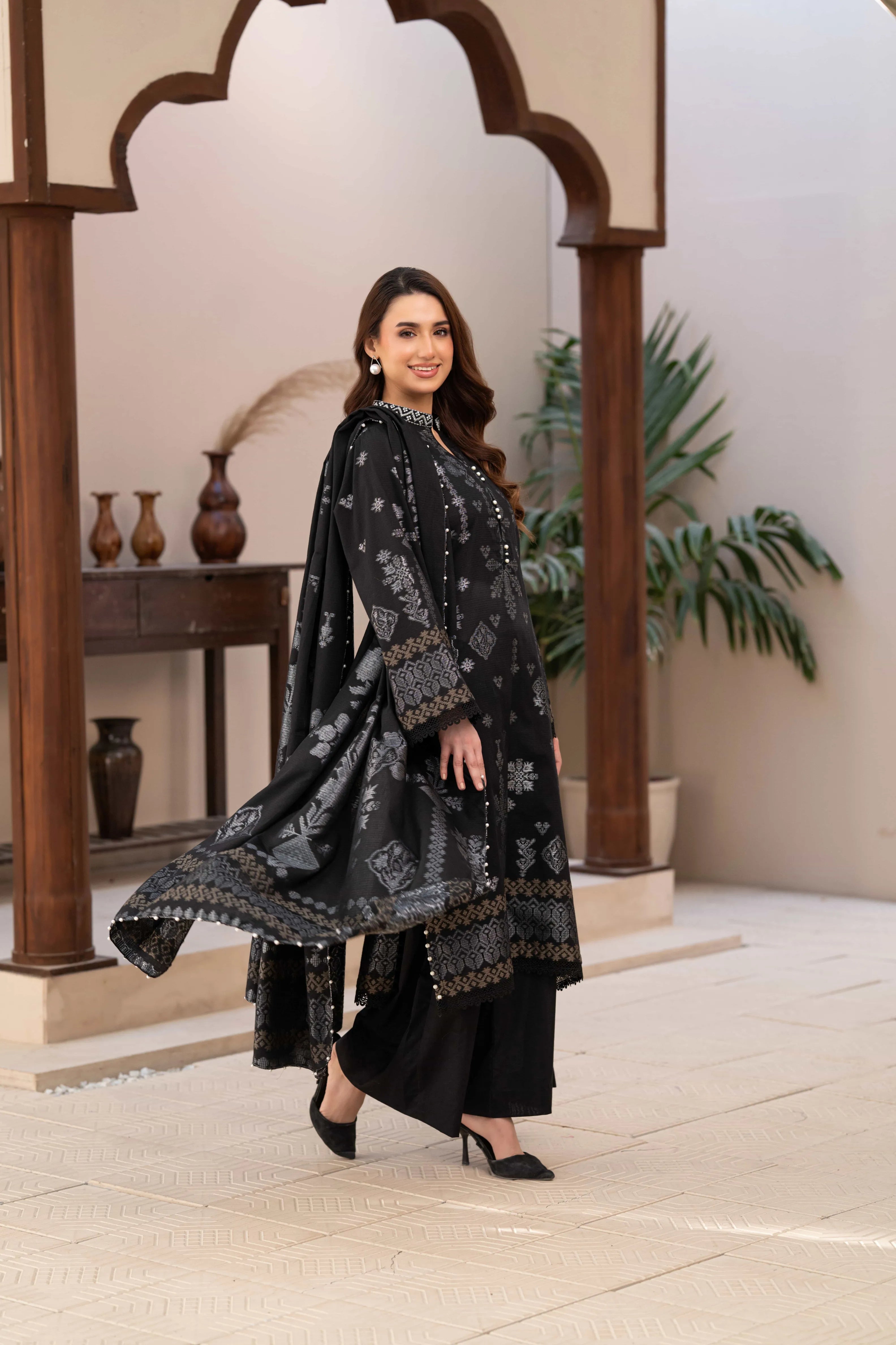 3 Pc Unstitched Premium Jacquard Lawn Black Suit