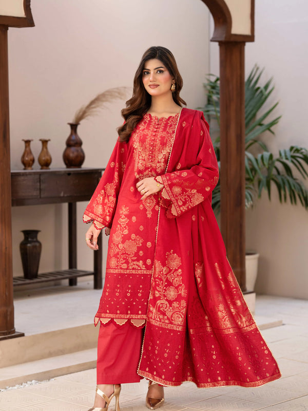 3 Pc Unstitched Premium Jacquard Lawn Crimson Red Suit