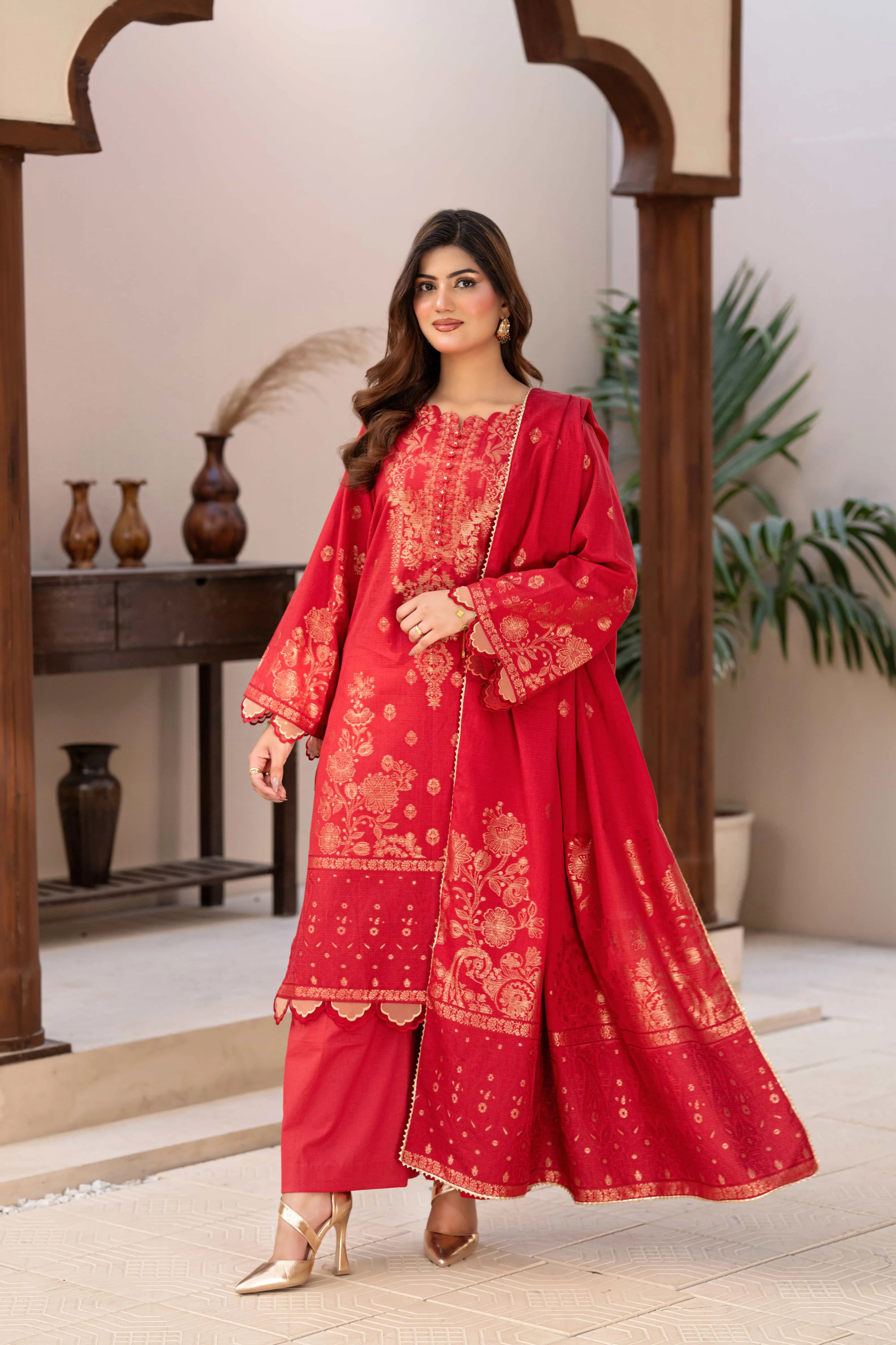 3 Pc Unstitched Premium Jacquard Lawn Crimson Red Suit