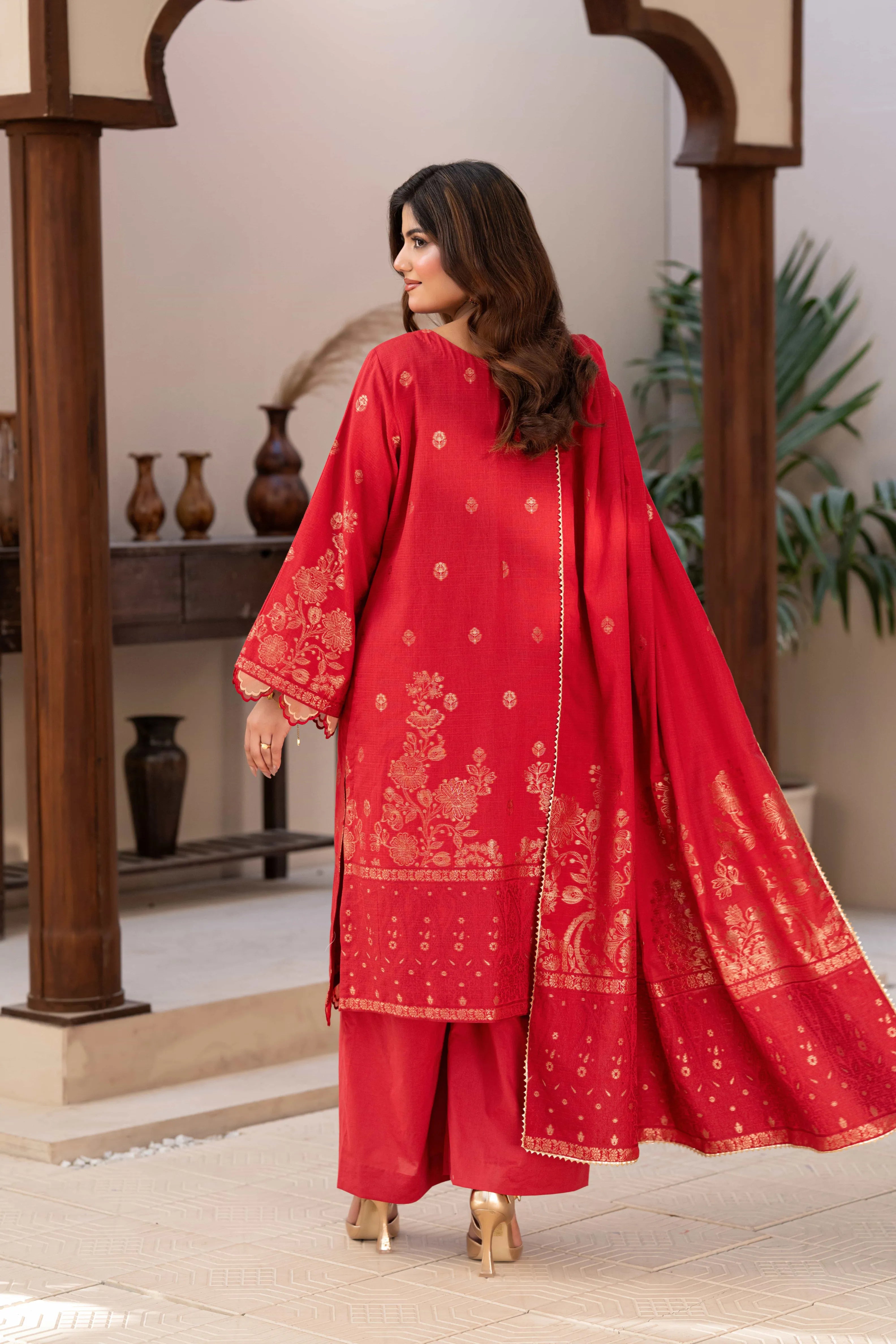 3 Pc Unstitched Premium Jacquard Lawn Crimson Red Suit