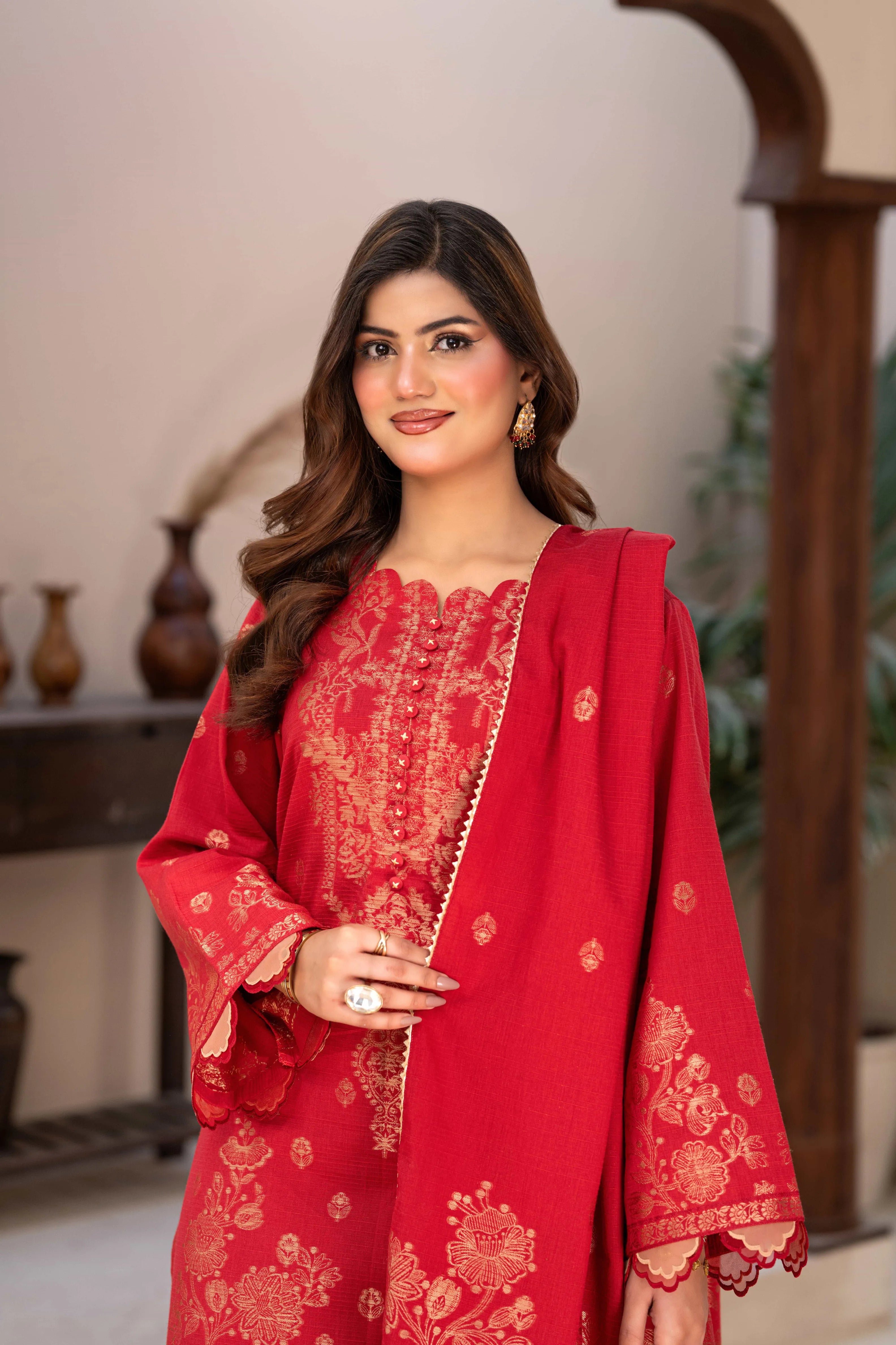 3 Pc Unstitched Premium Jacquard Lawn Crimson Red Suit