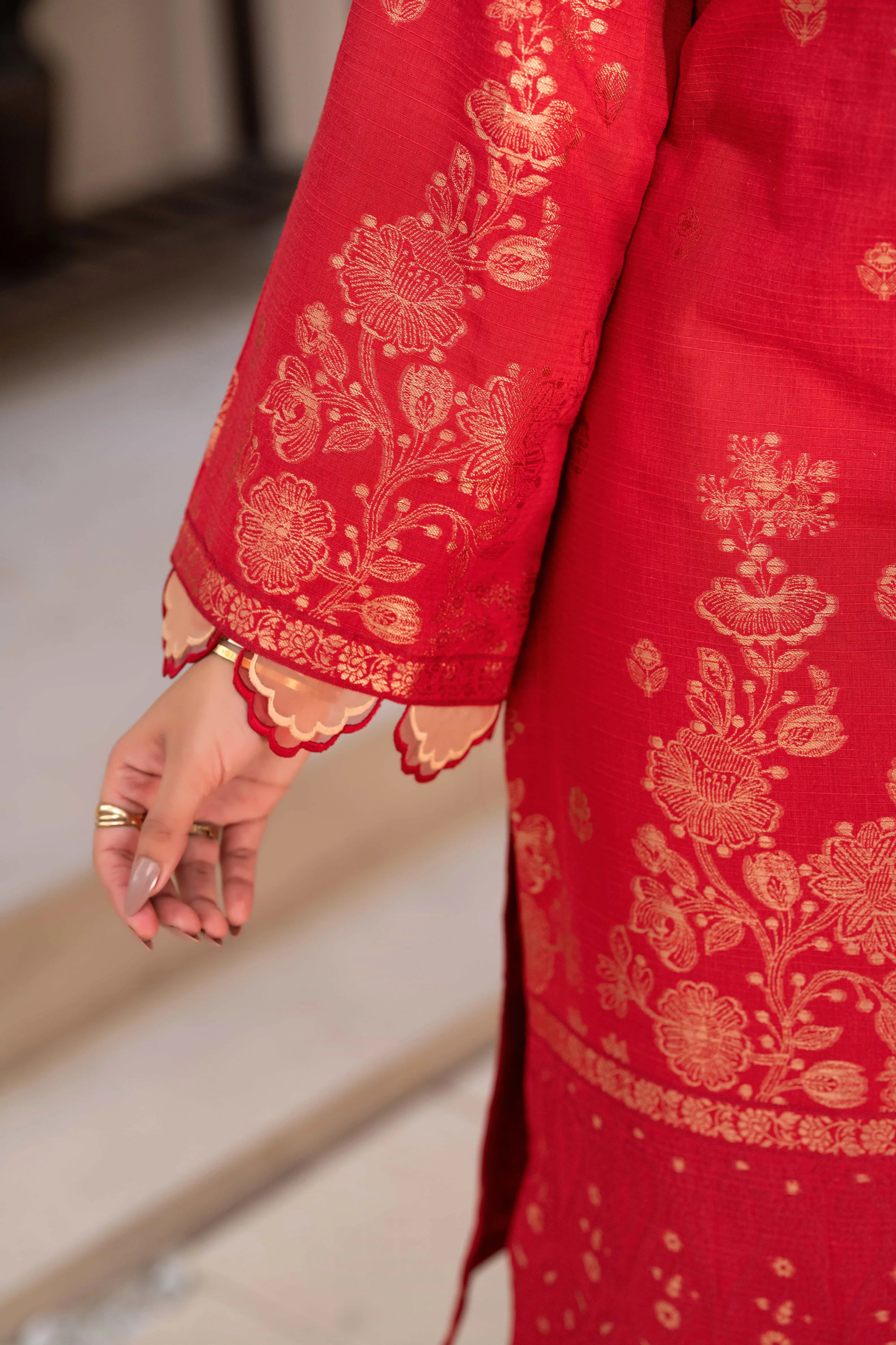 3 Pc Unstitched Premium Jacquard Lawn Crimson Red Suit
