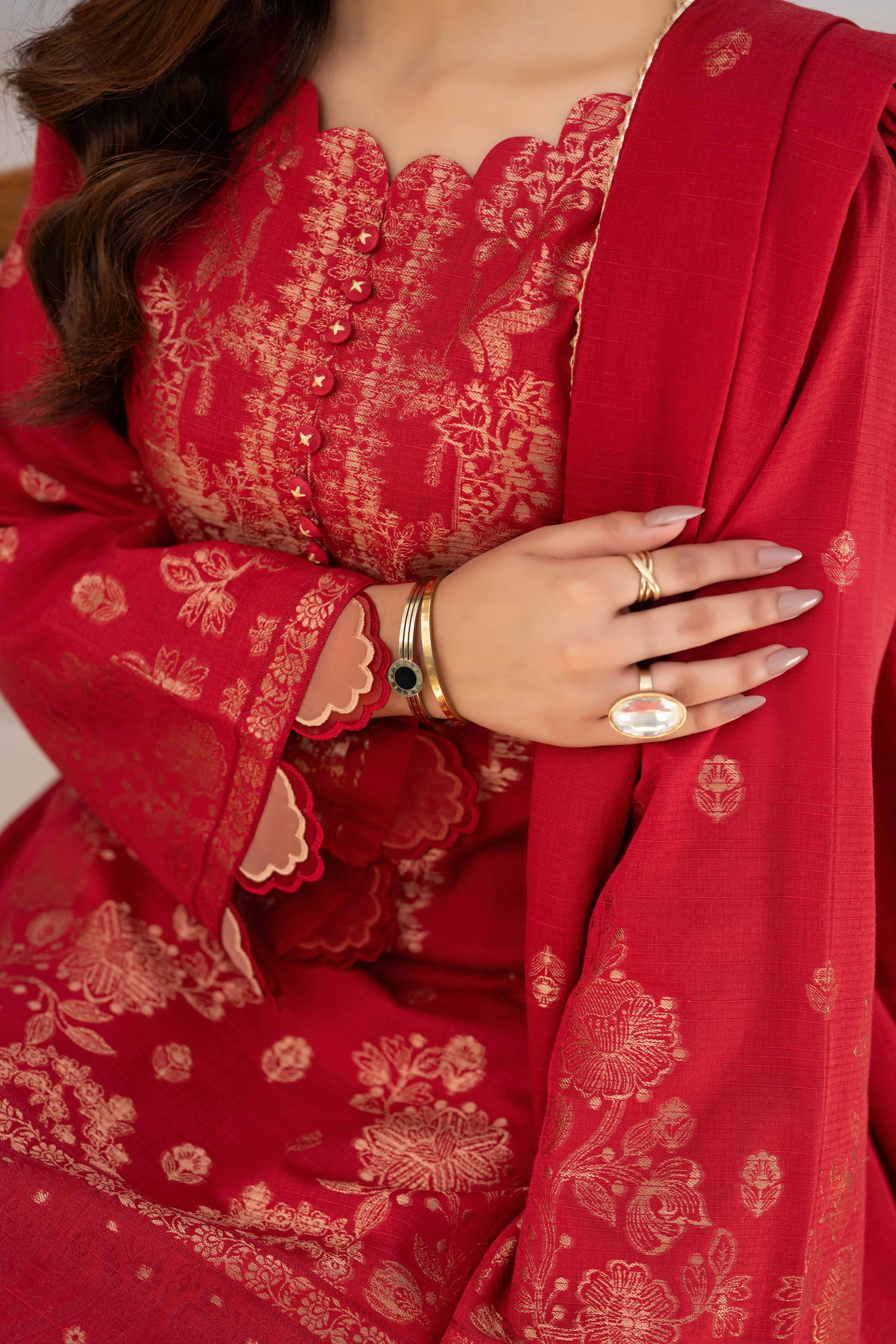 3 Pc Unstitched Premium Jacquard Lawn Crimson Red Suit