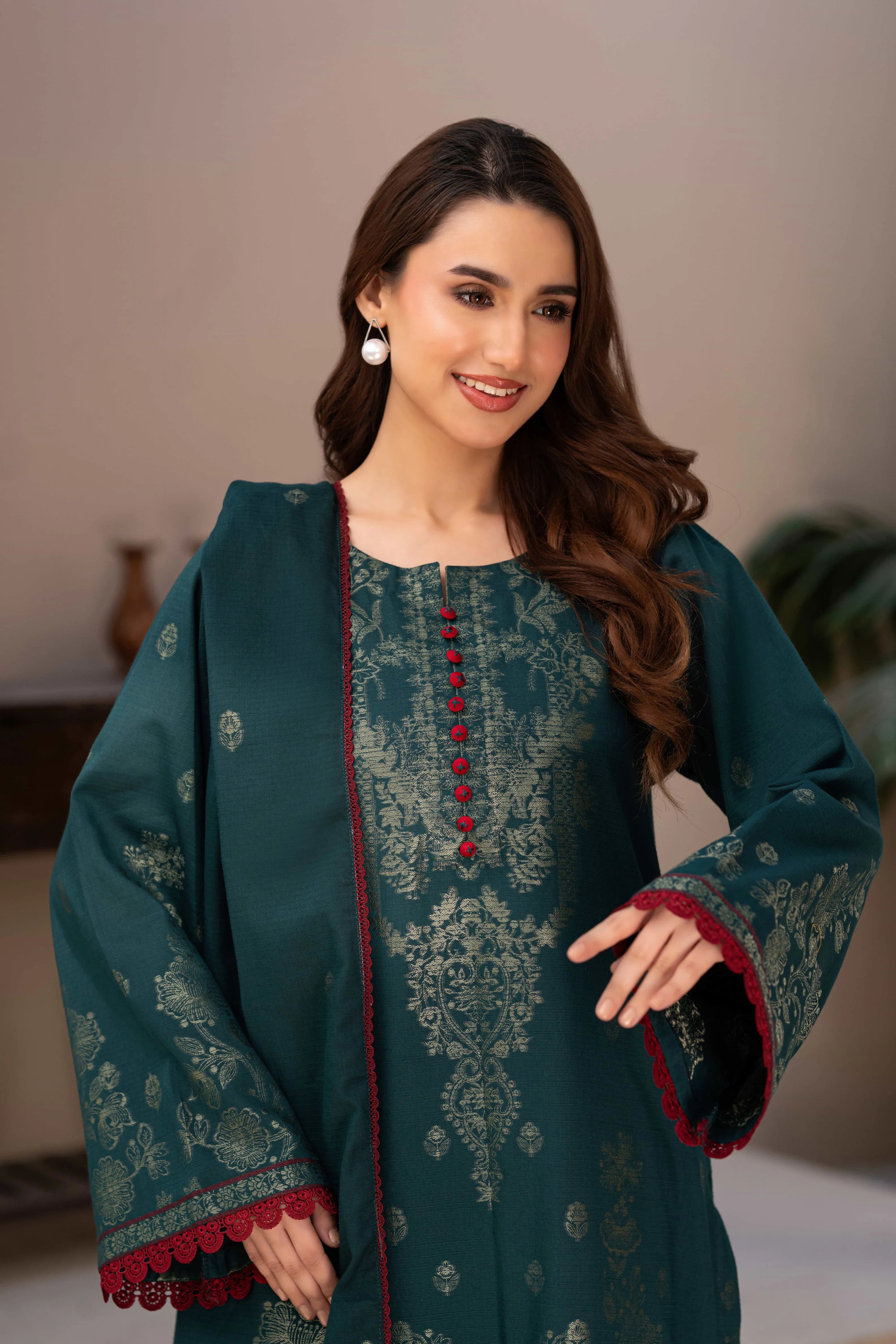 3 Pc Unstitched Premium Jacquard Lawn Teal Green Suit