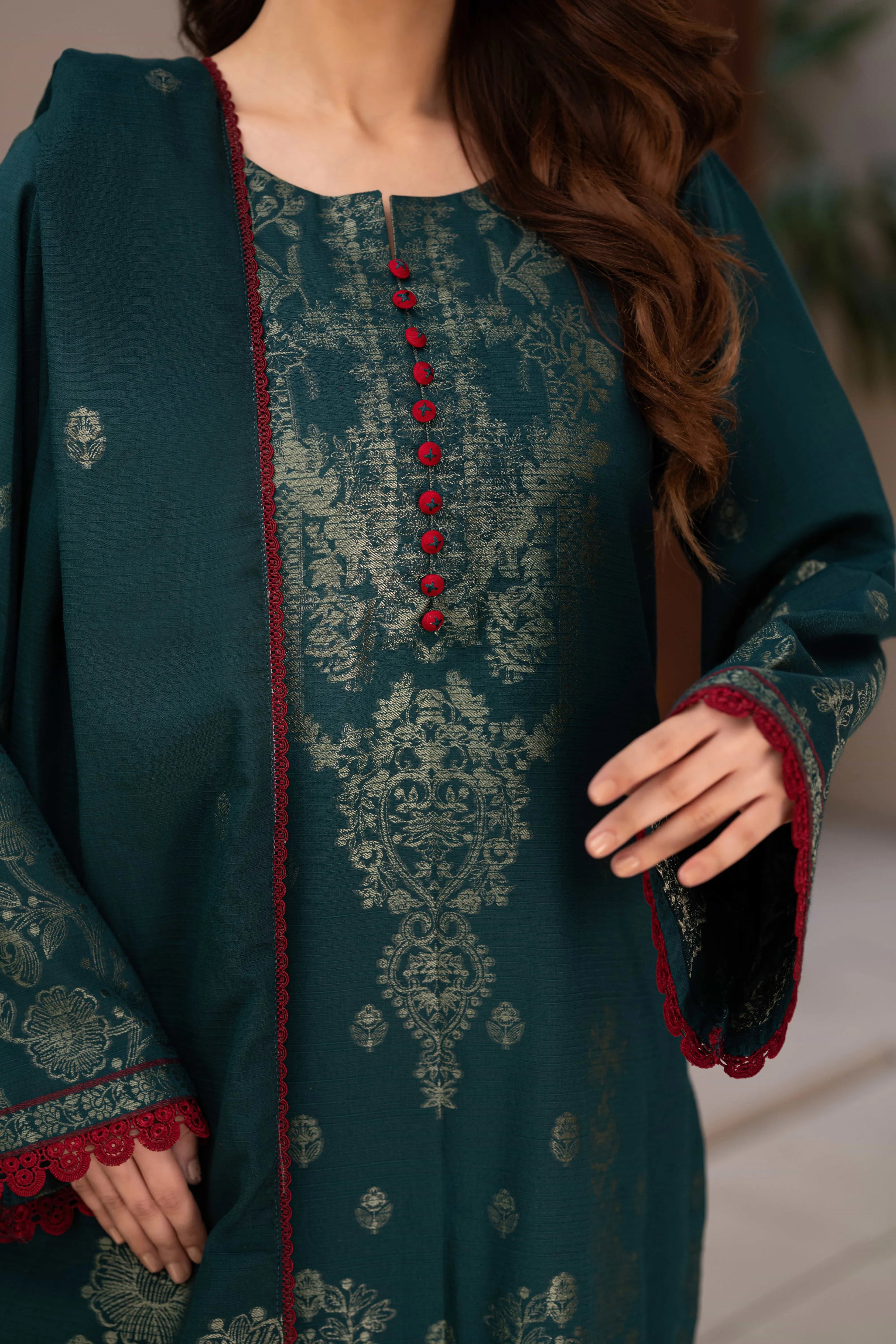 3 Pc Unstitched Premium Jacquard Lawn Teal Green Suit