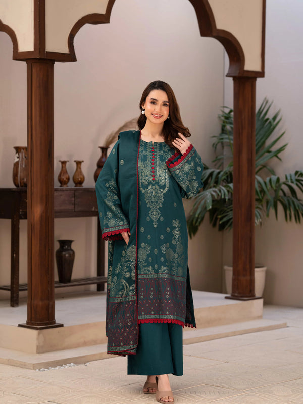 3 Pc Unstitched Premium Jacquard Lawn Teal Green Suit