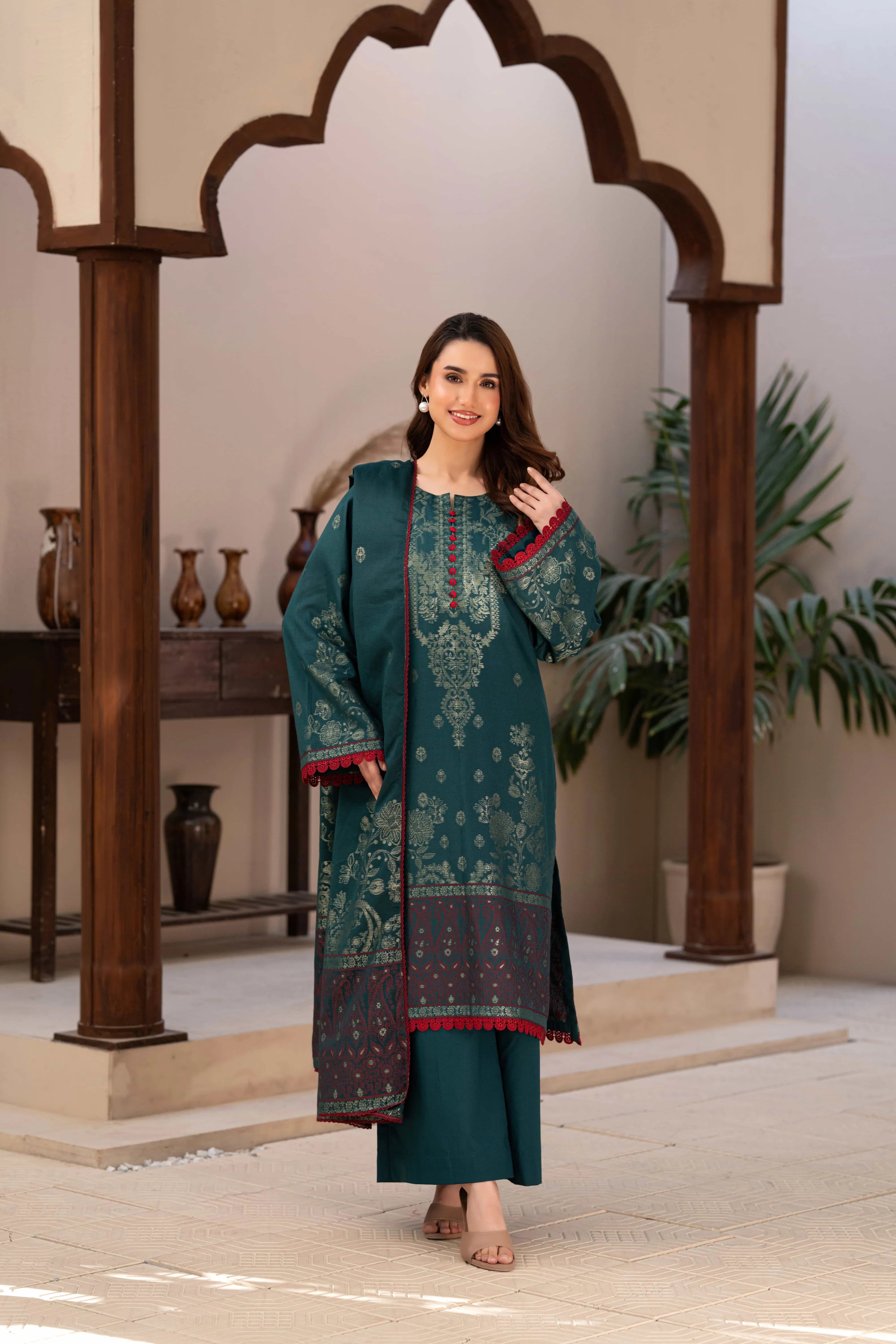 3 Pc Unstitched Premium Jacquard Lawn Teal Green Suit