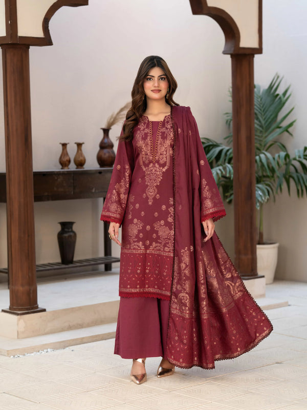 3 Pc Unstitched Premium Jacquard Lawn Maroon Suit