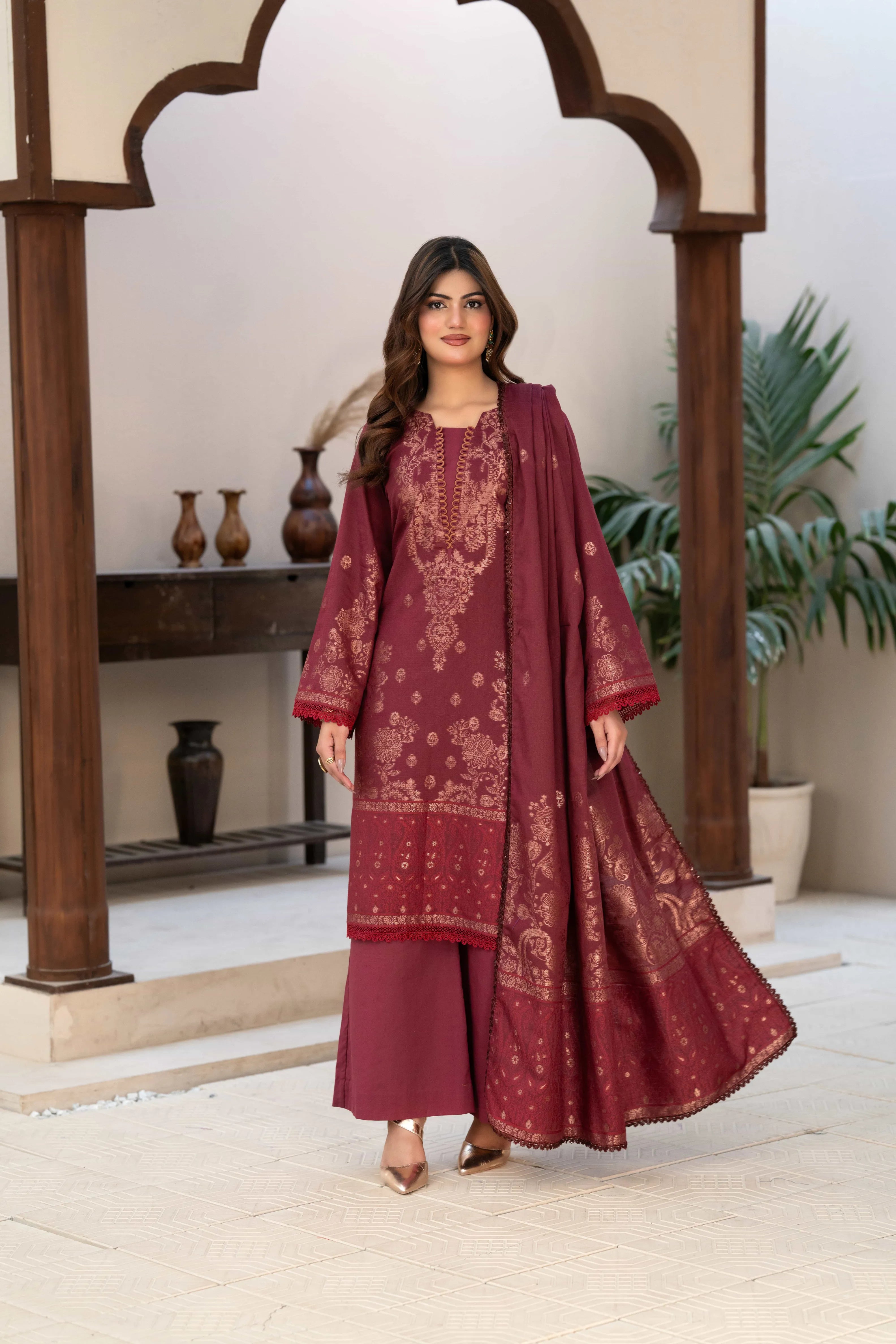 3 Pc Unstitched Premium Jacquard Lawn Maroon Suit