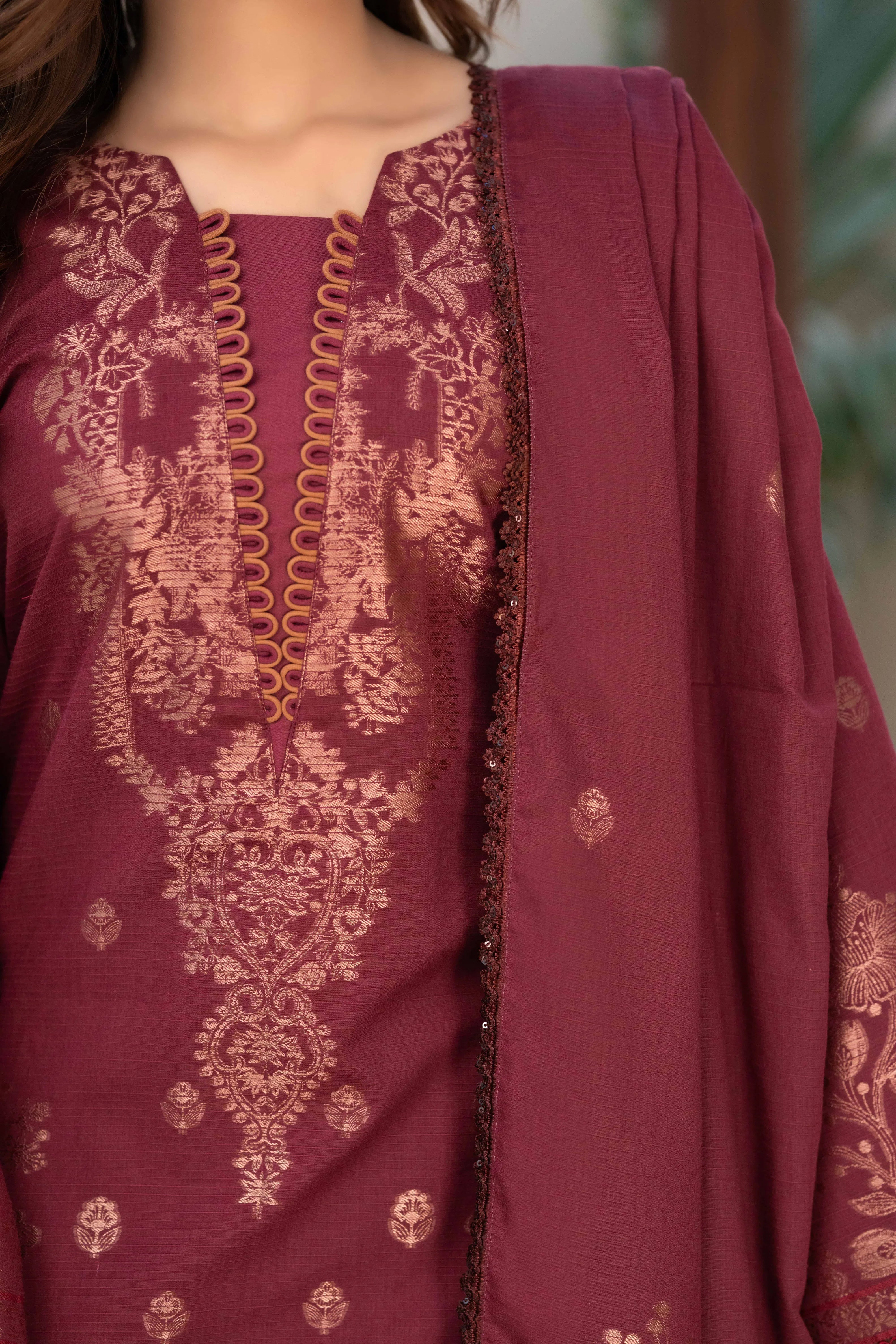 3 Pc Unstitched Premium Jacquard Lawn Maroon Suit