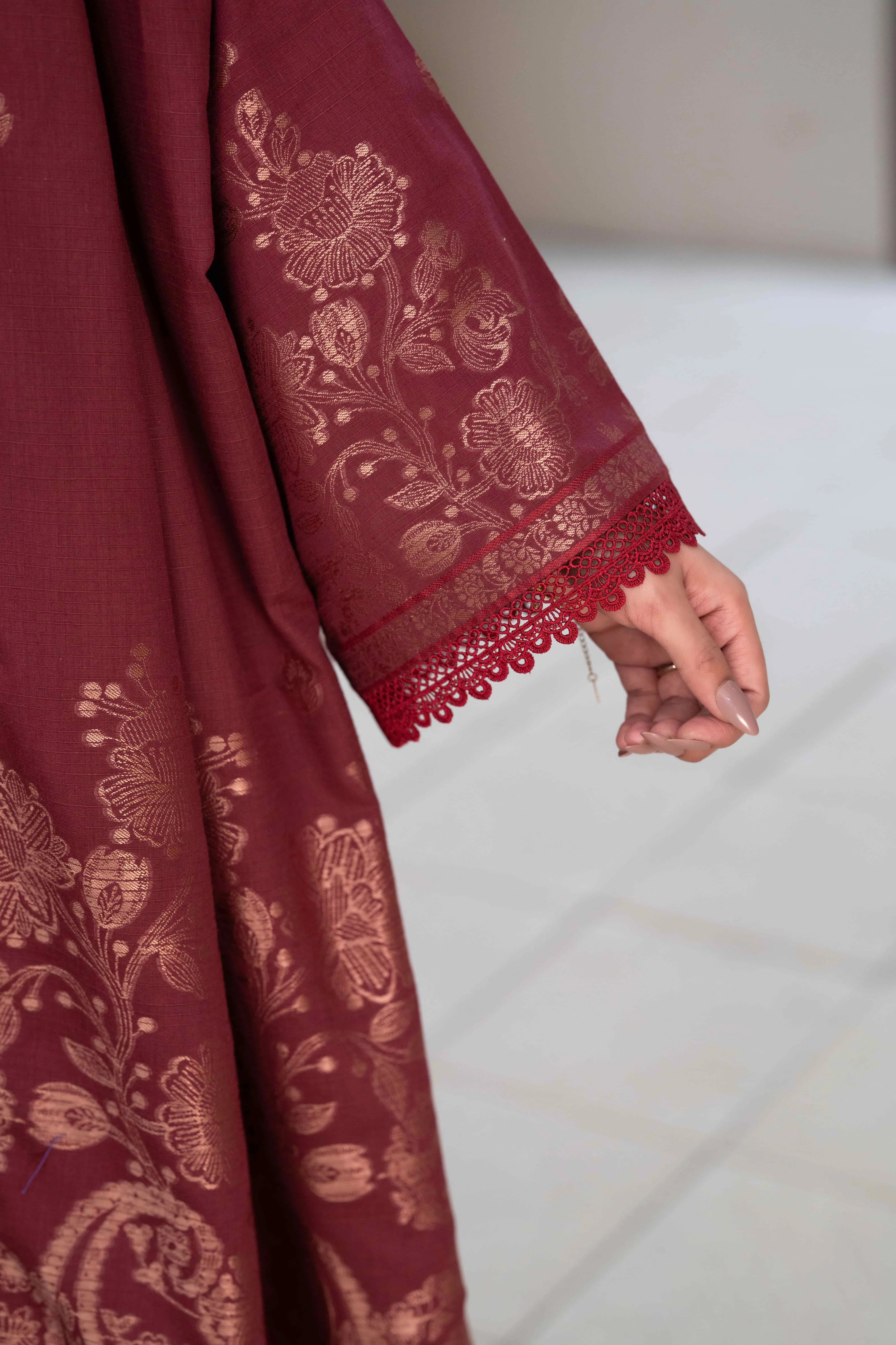 3 Pc Unstitched Premium Jacquard Lawn Maroon Suit