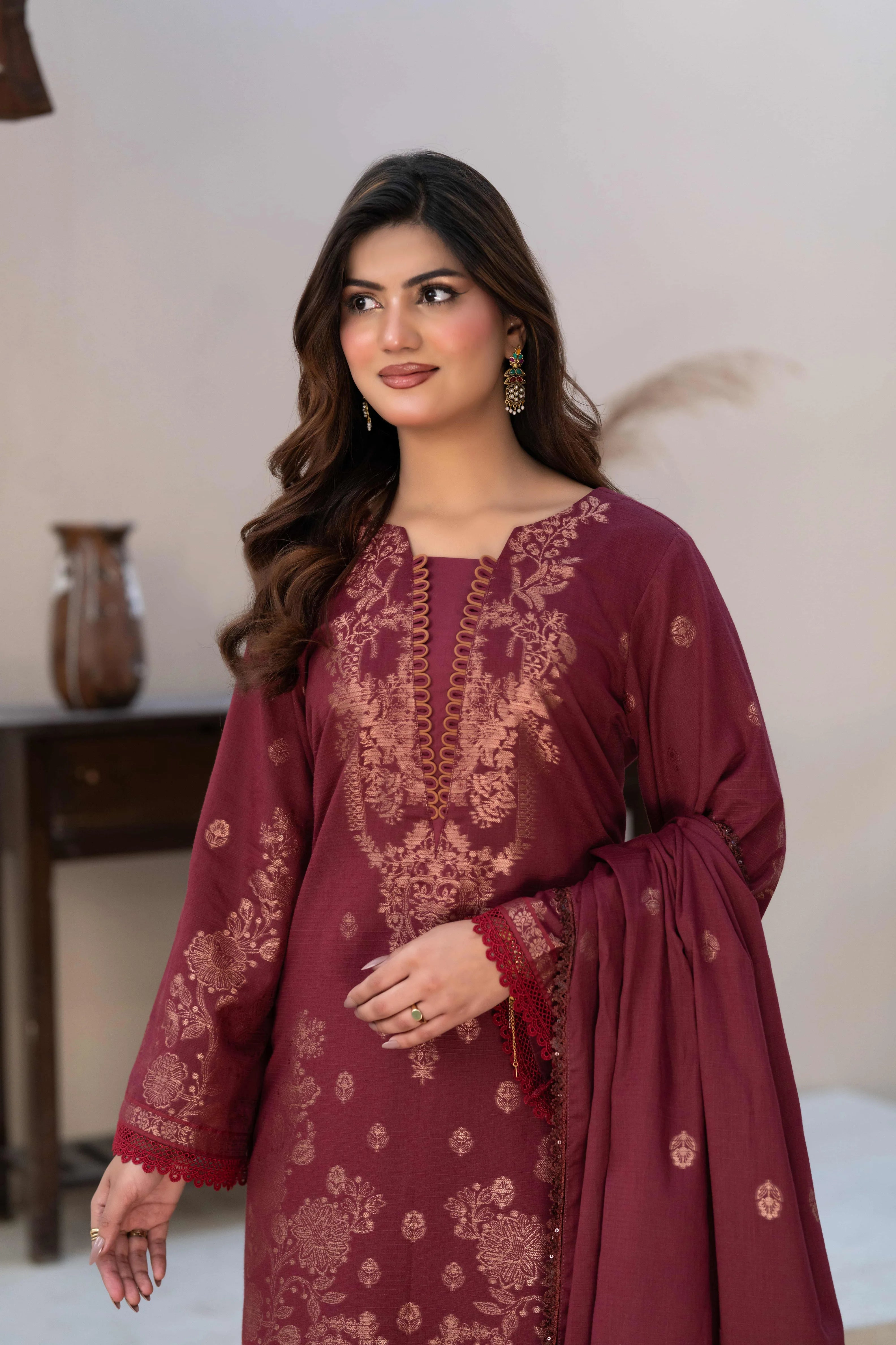 3 Pc Unstitched Premium Jacquard Lawn Maroon Suit