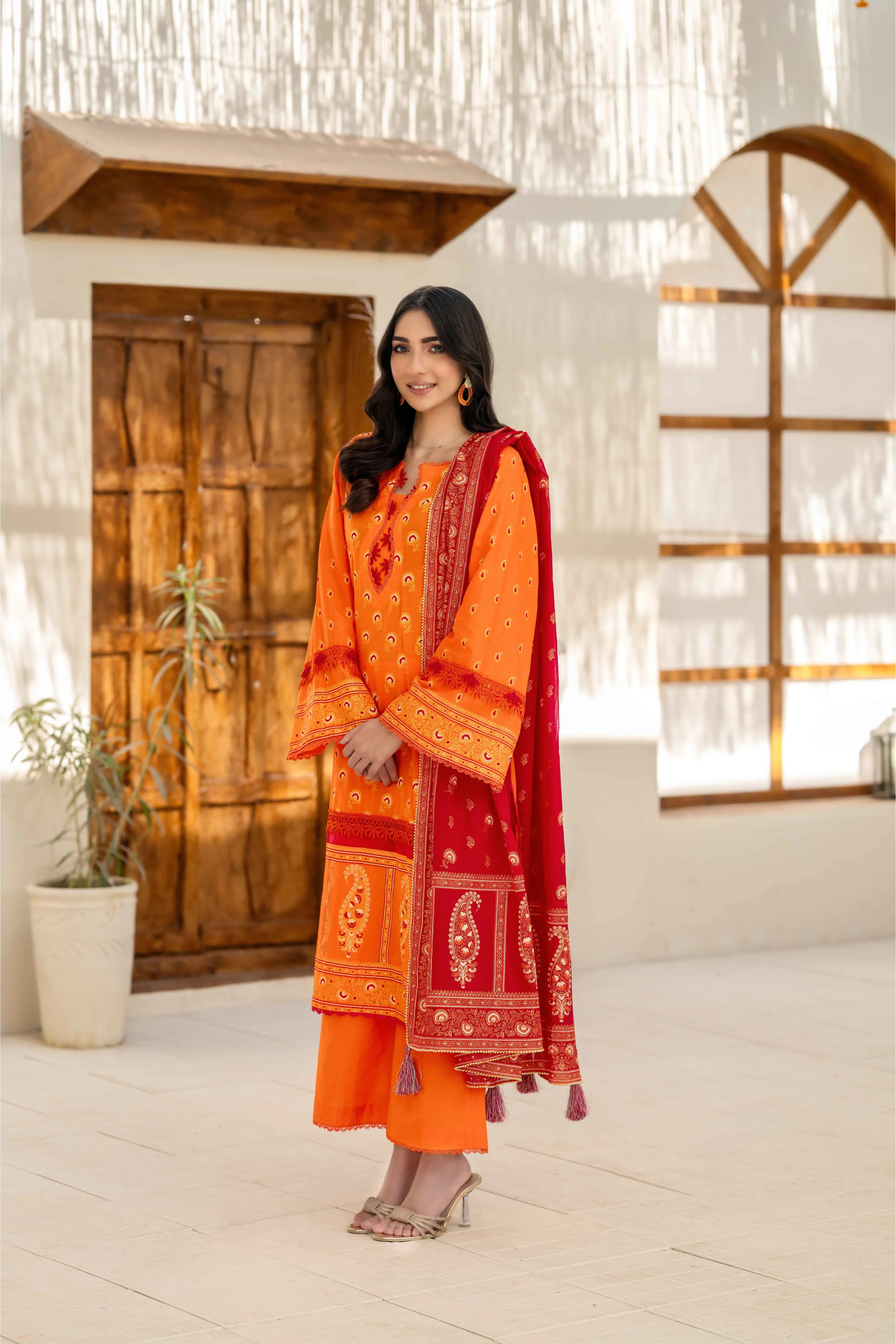 Orange Printed 3-Piece Suit with Contrast Red Dupatta