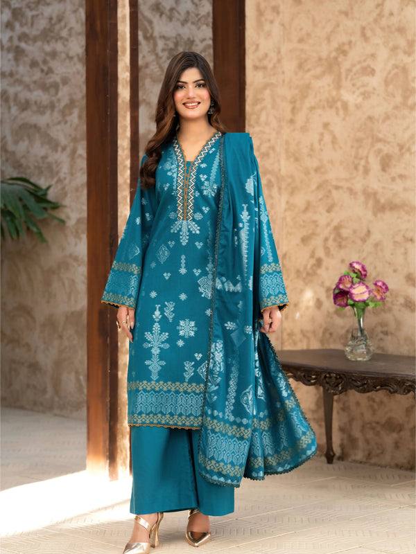 3 Pc Unstitched Premium Jacquard Lawn Teal Blue Suit