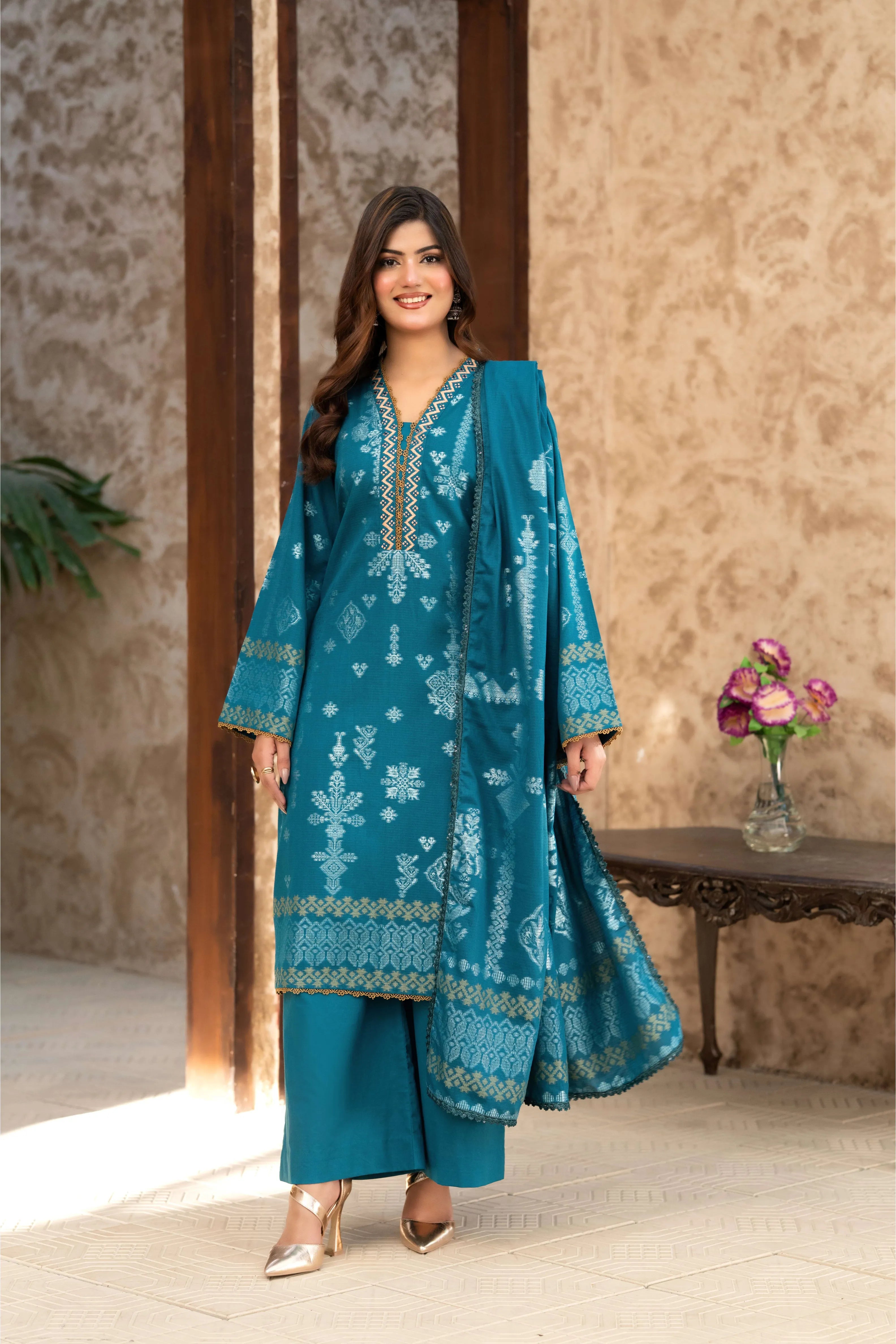3 Pc Unstitched Premium Jacquard Lawn Teal Blue Suit
