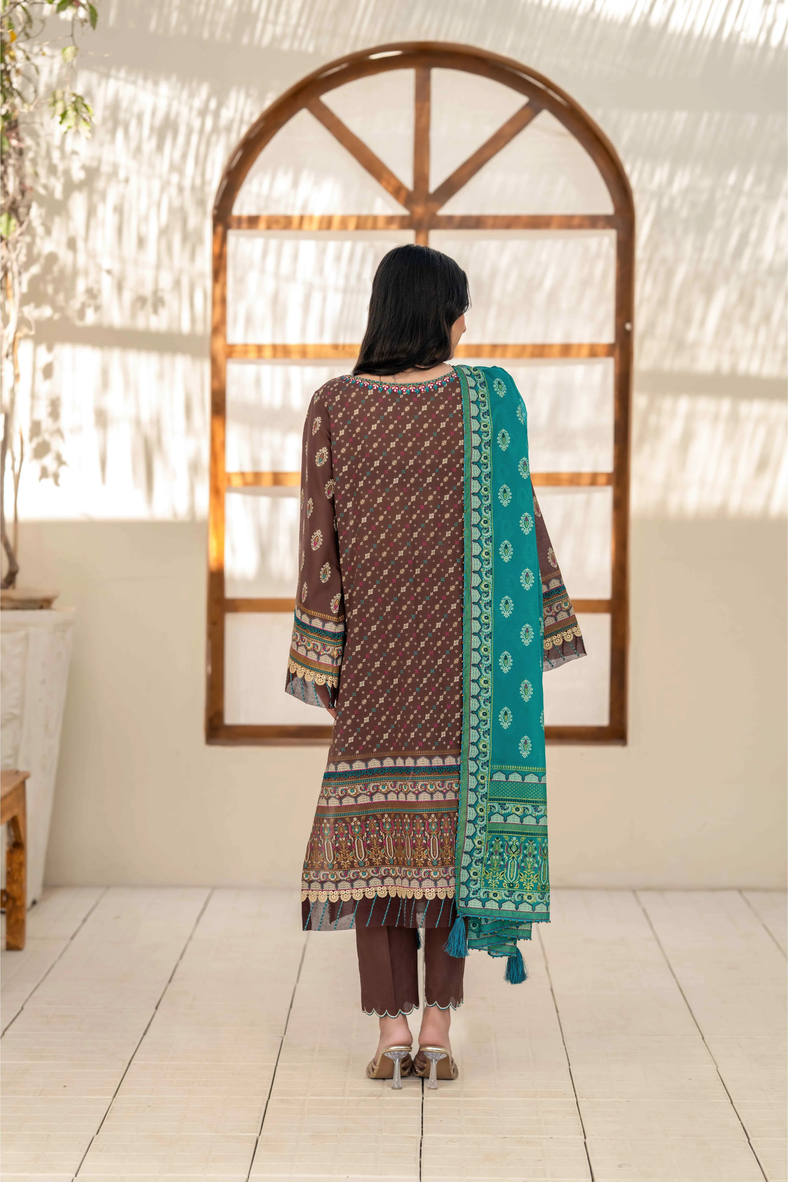 Brown Printed 3-Piece Unstitched Suit with Dupatta
