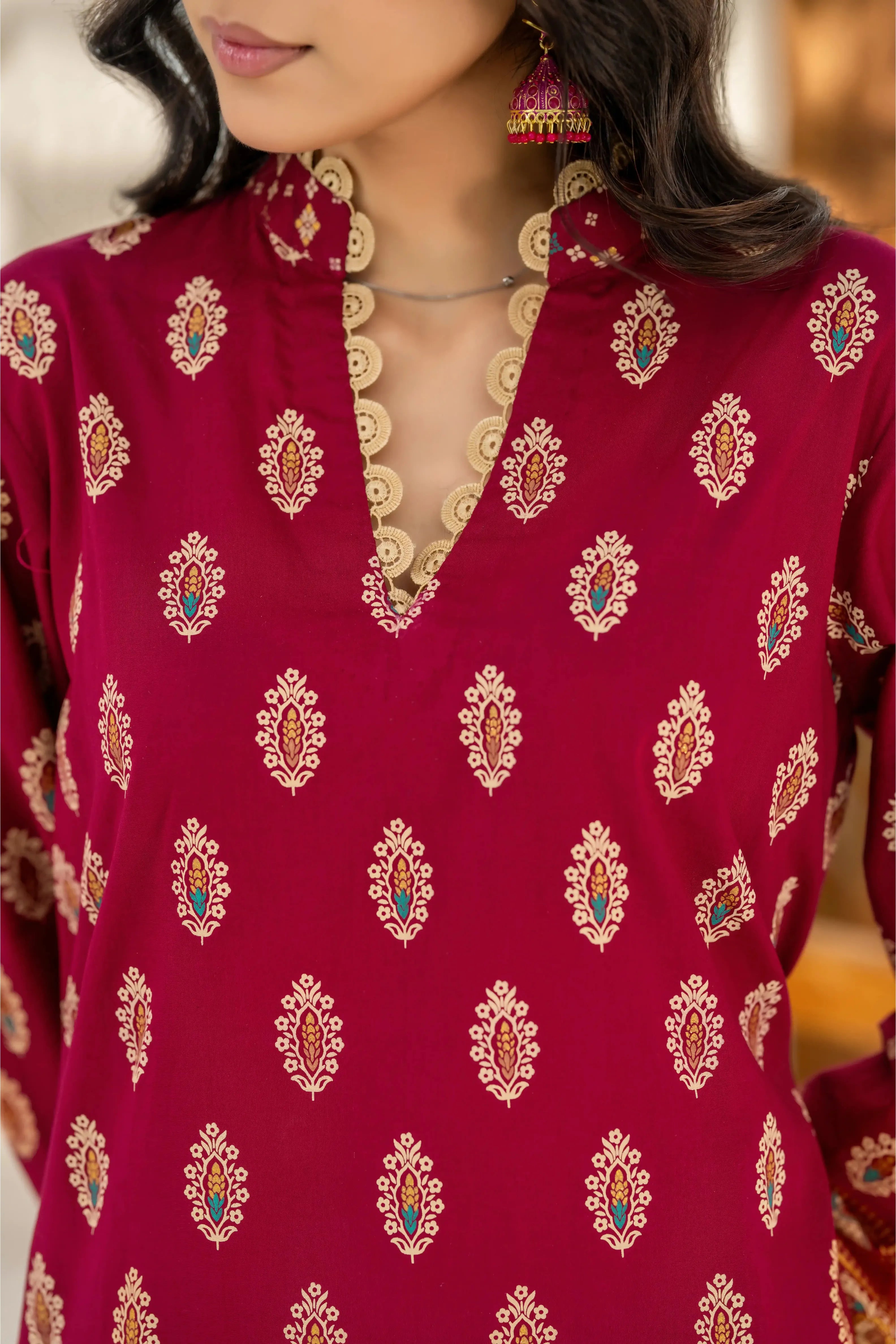 Maroon Printed 3-Piece Suit with Beige Dupatta