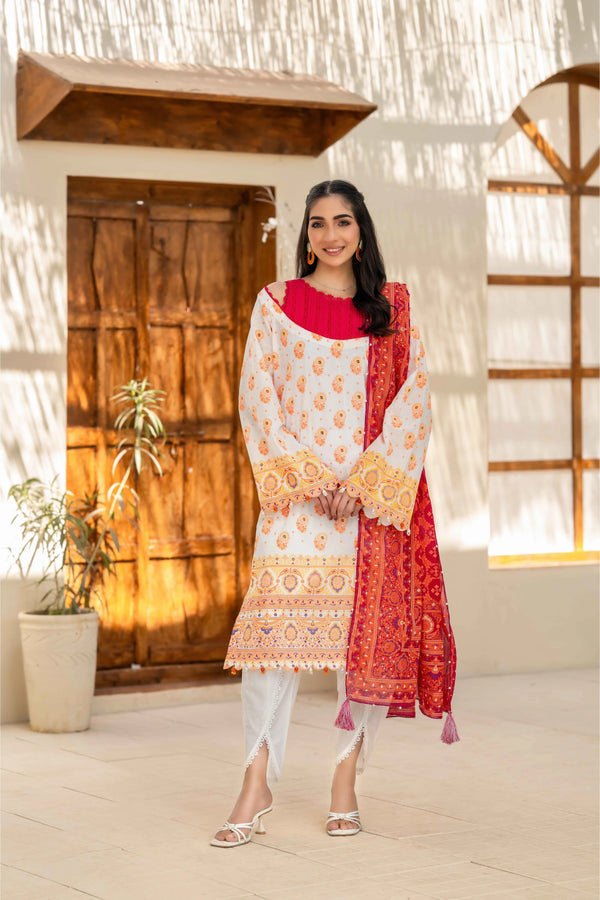 Ivory Printed 3-Piece Suit with Red Dupatta