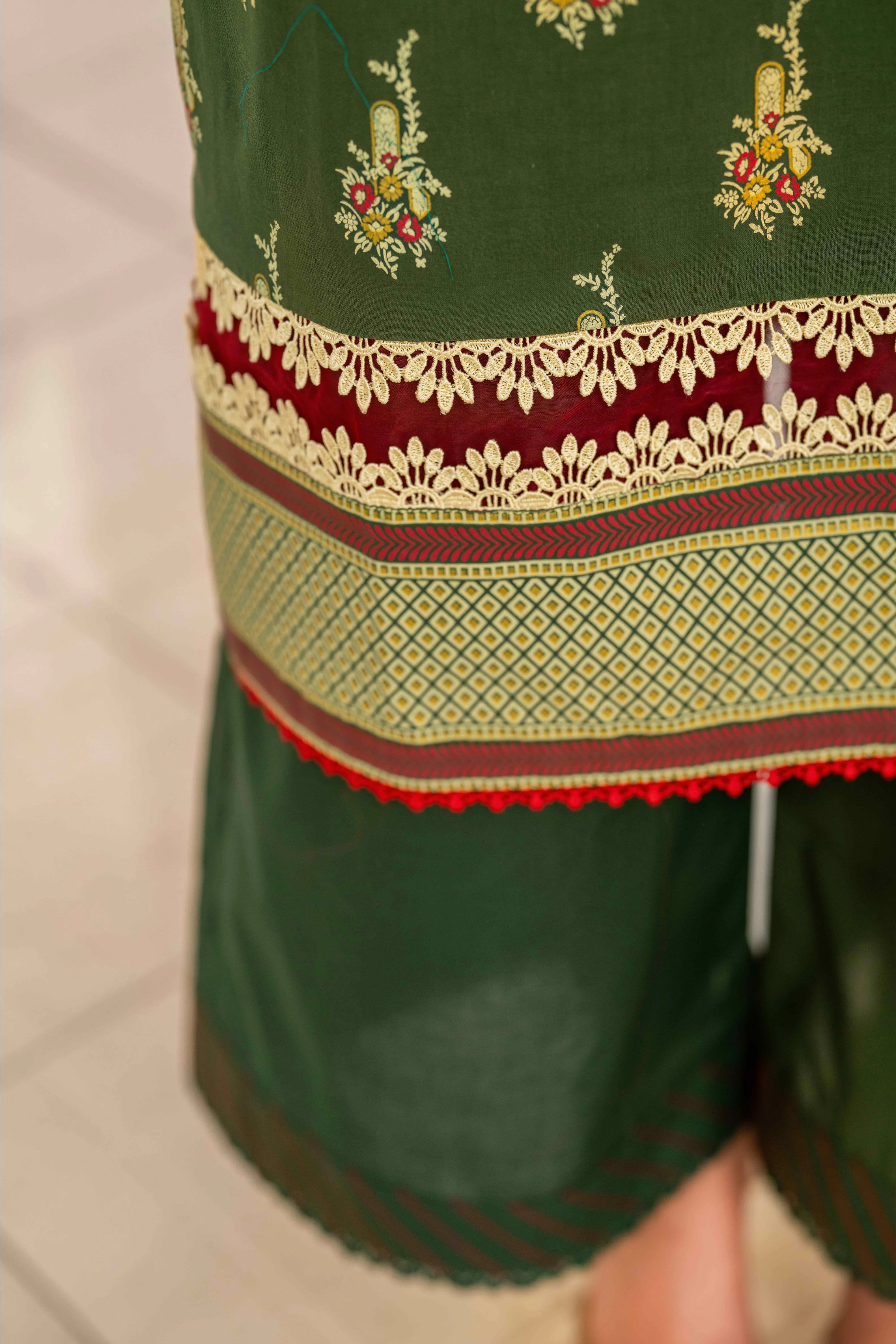 Bottle Green Printed 3-Piece Suit with Red Dupatta