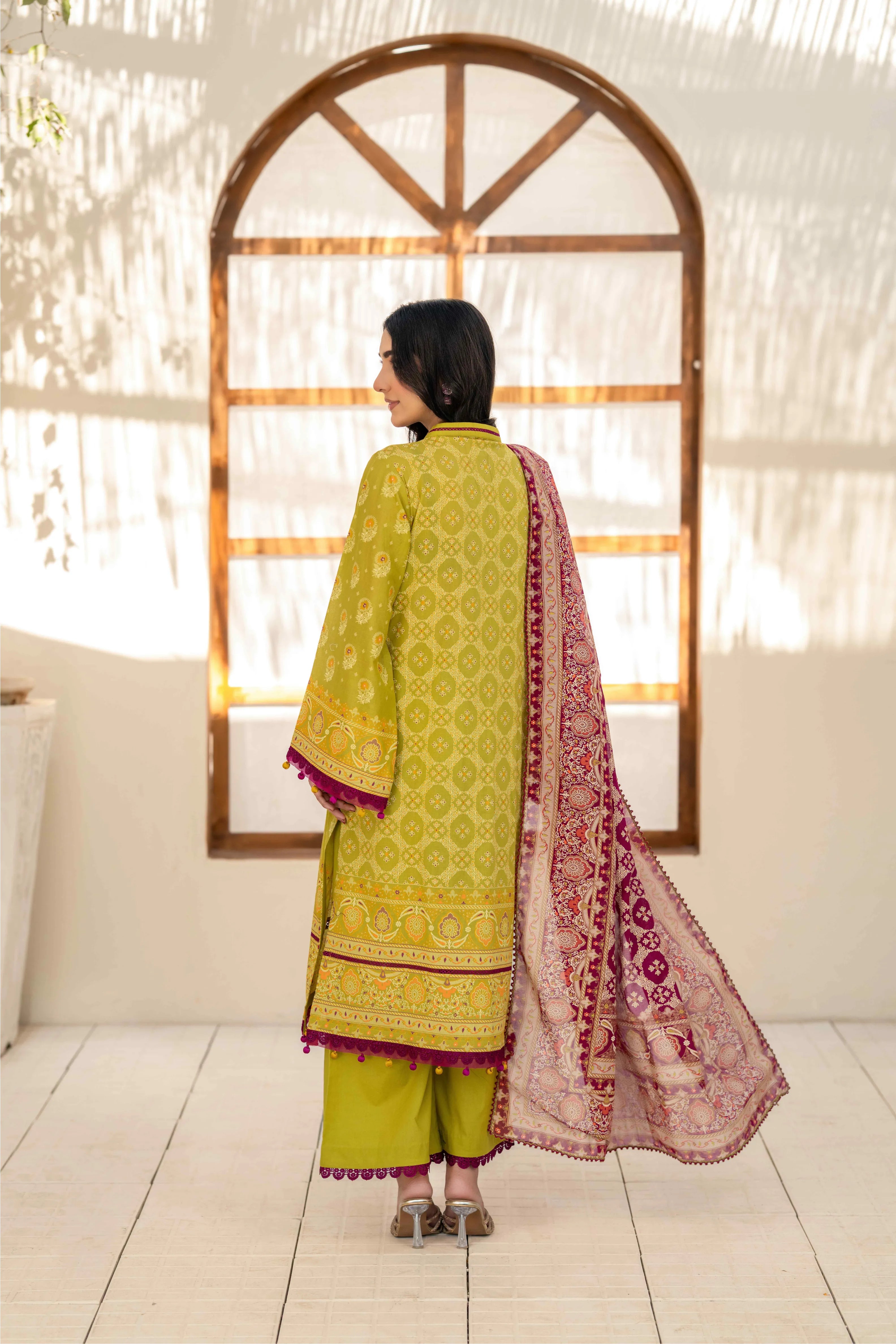 Olive Green Printed Lawn 3 Piece Suit with Maroon Dupatta