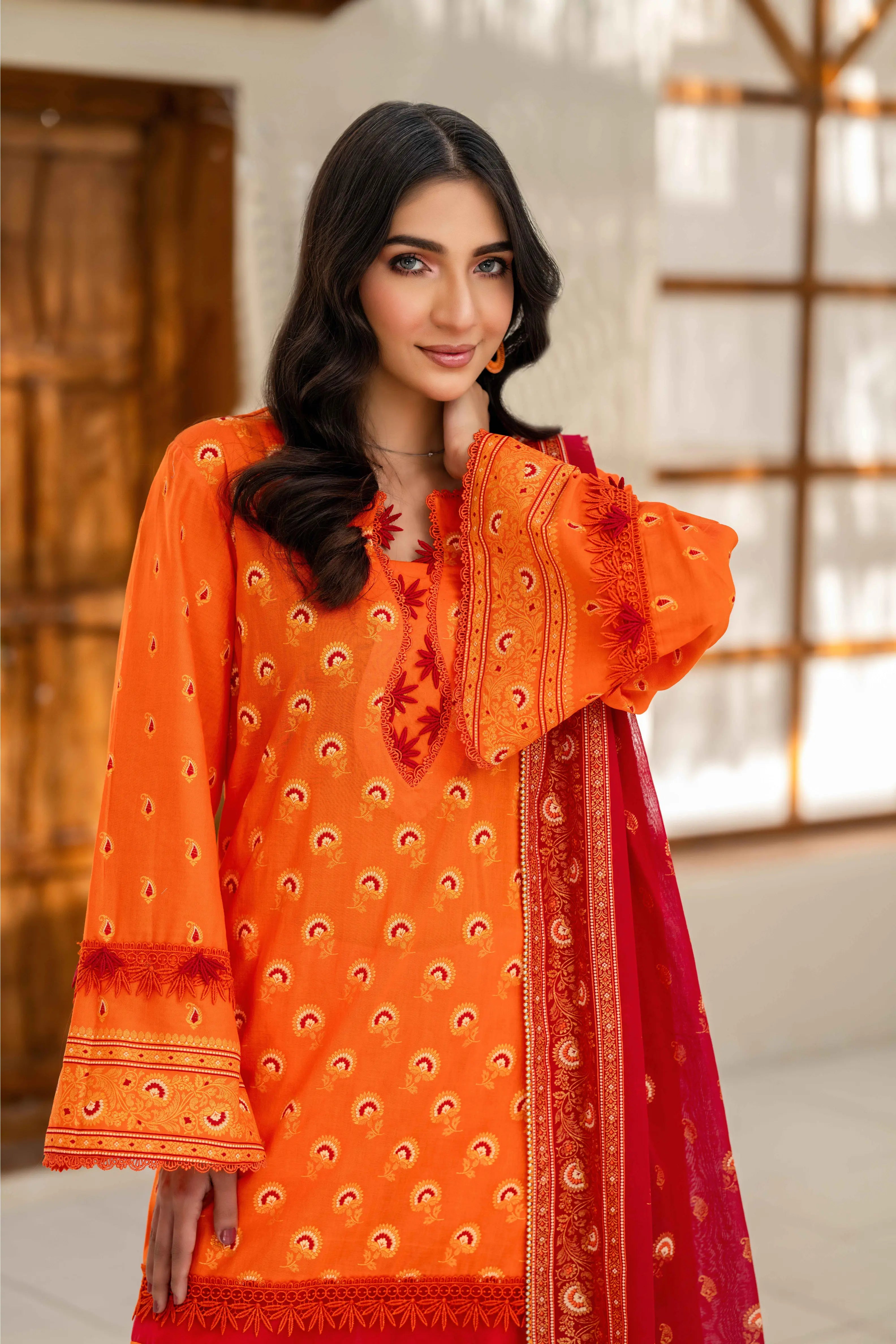 Orange Printed 3-Piece Suit with Contrast Red Dupatta