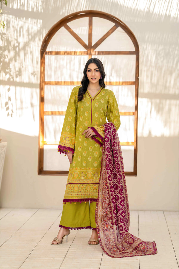 Olive Green Printed Lawn 3 Piece Suit with Maroon Dupatta