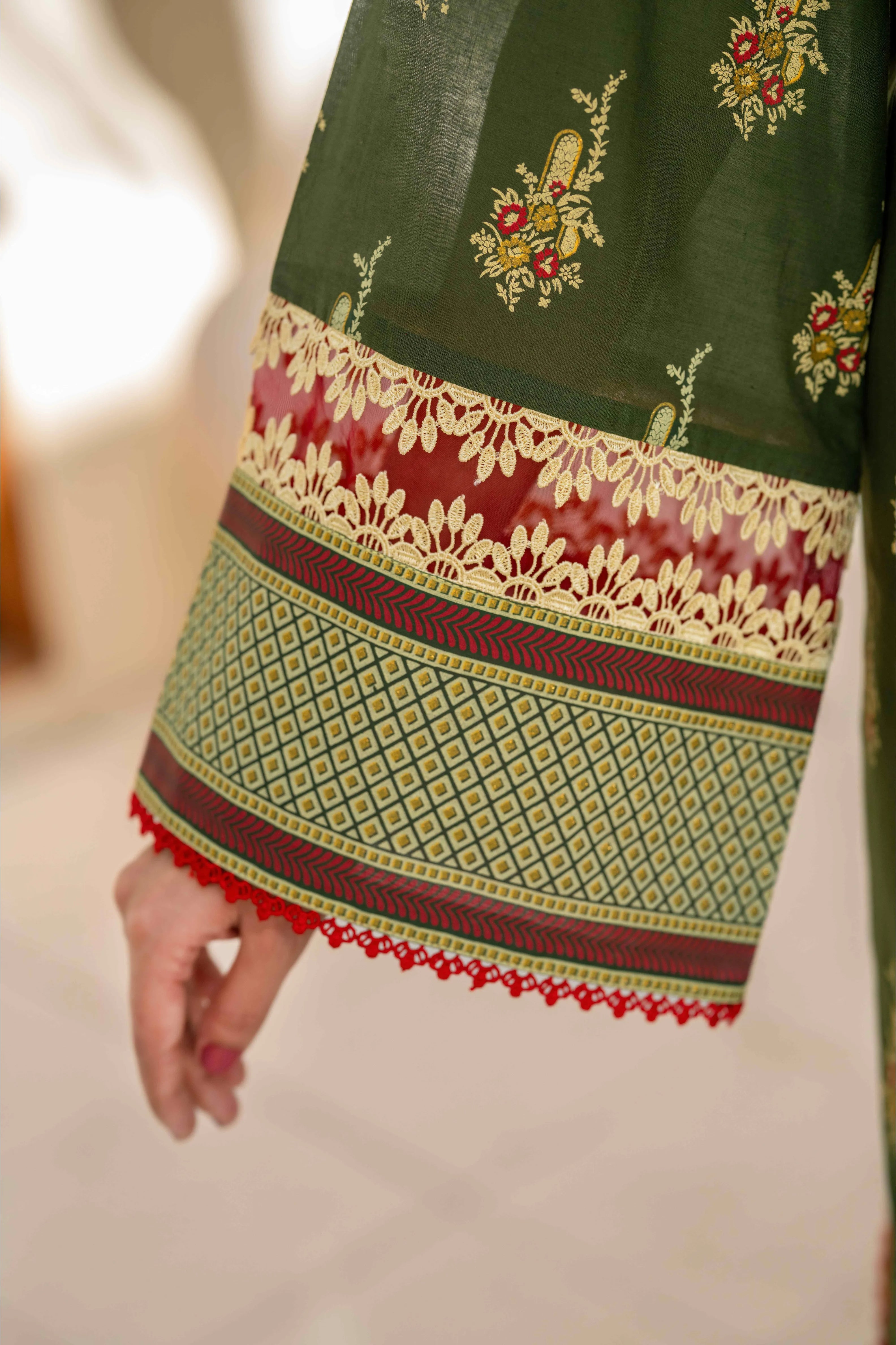 Bottle Green Printed 3-Piece Suit with Red Dupatta