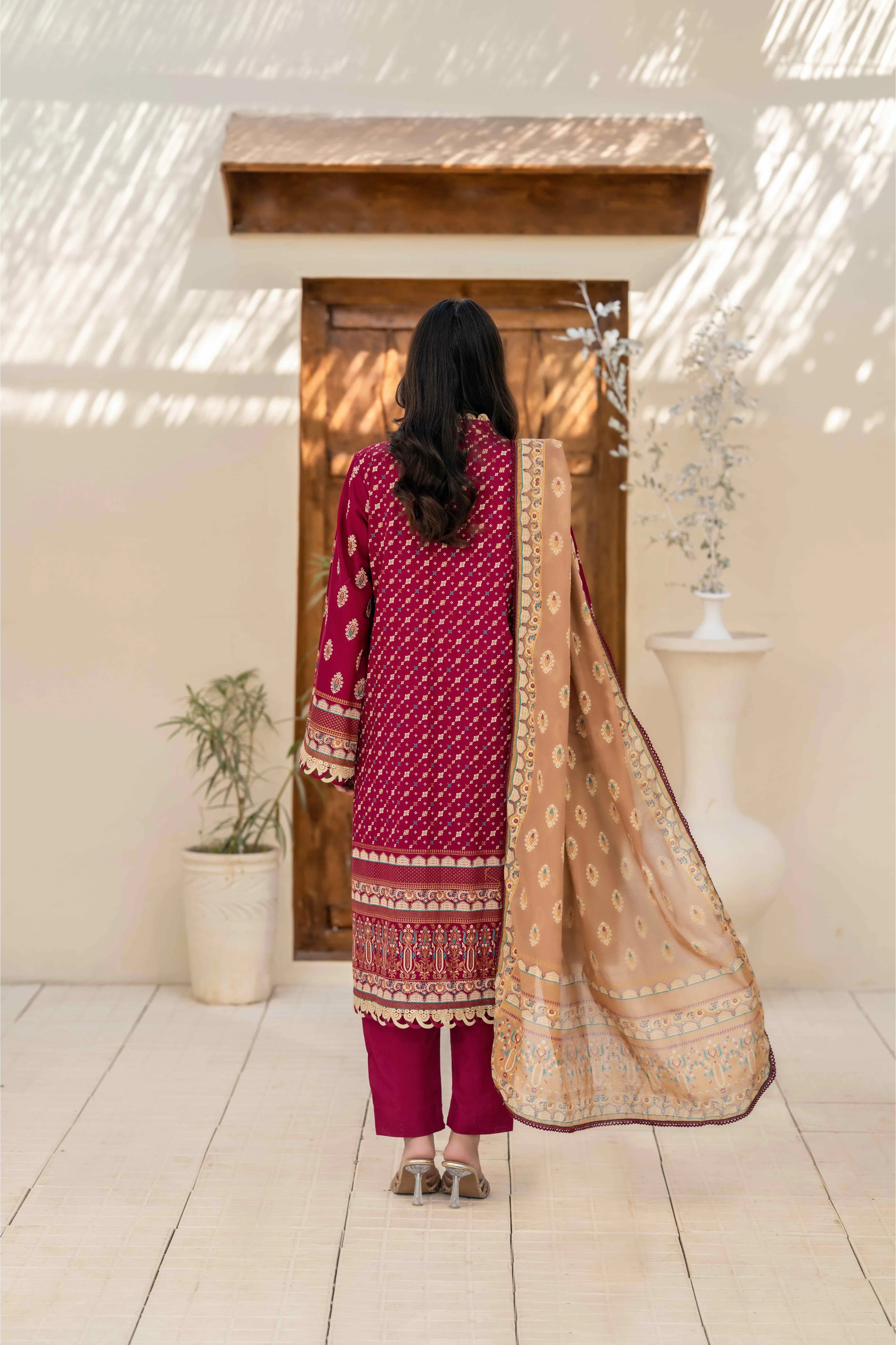 Maroon Printed 3-Piece Suit with Beige Dupatta