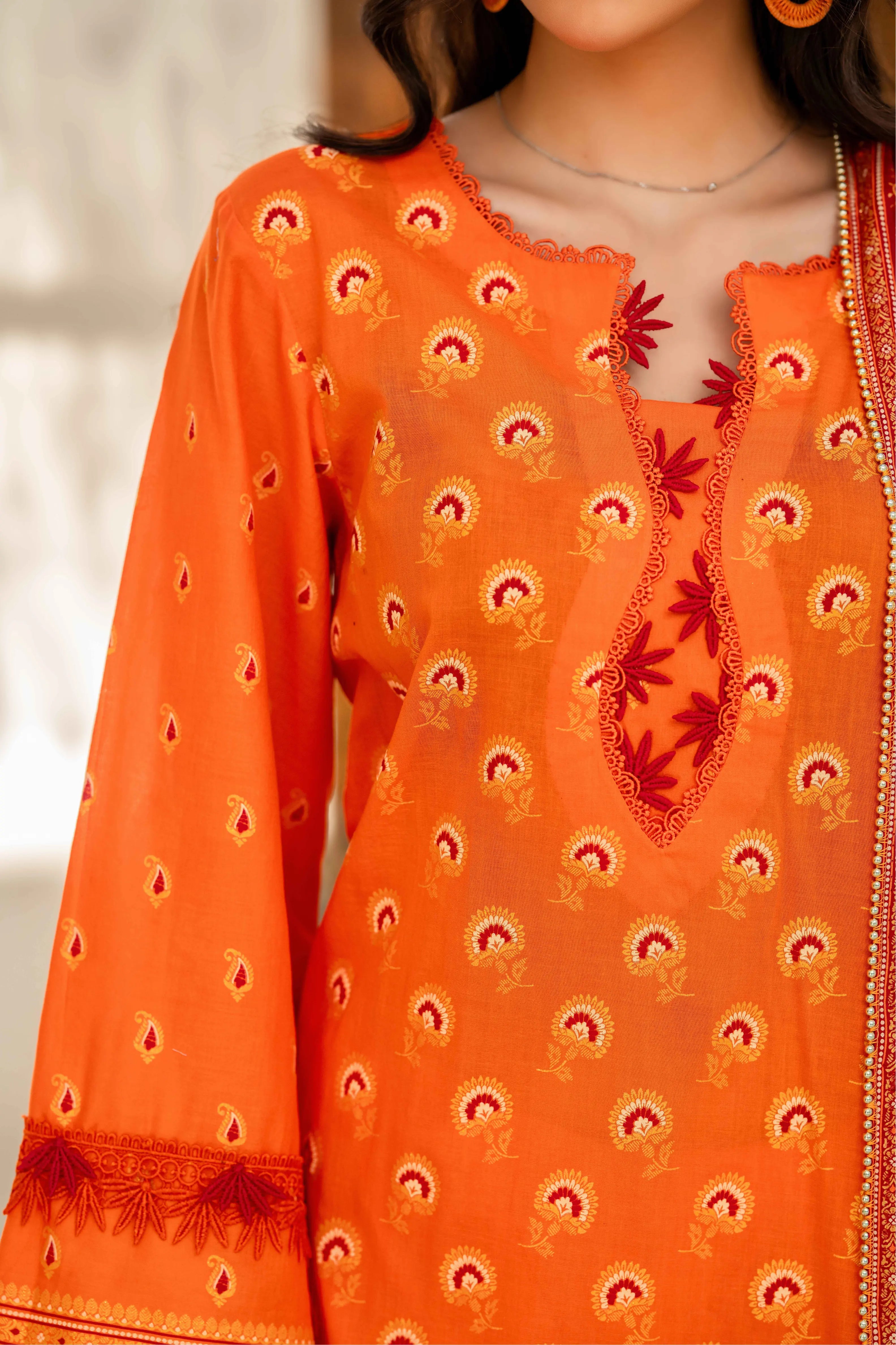 Orange Printed 3-Piece Suit with Contrast Red Dupatta