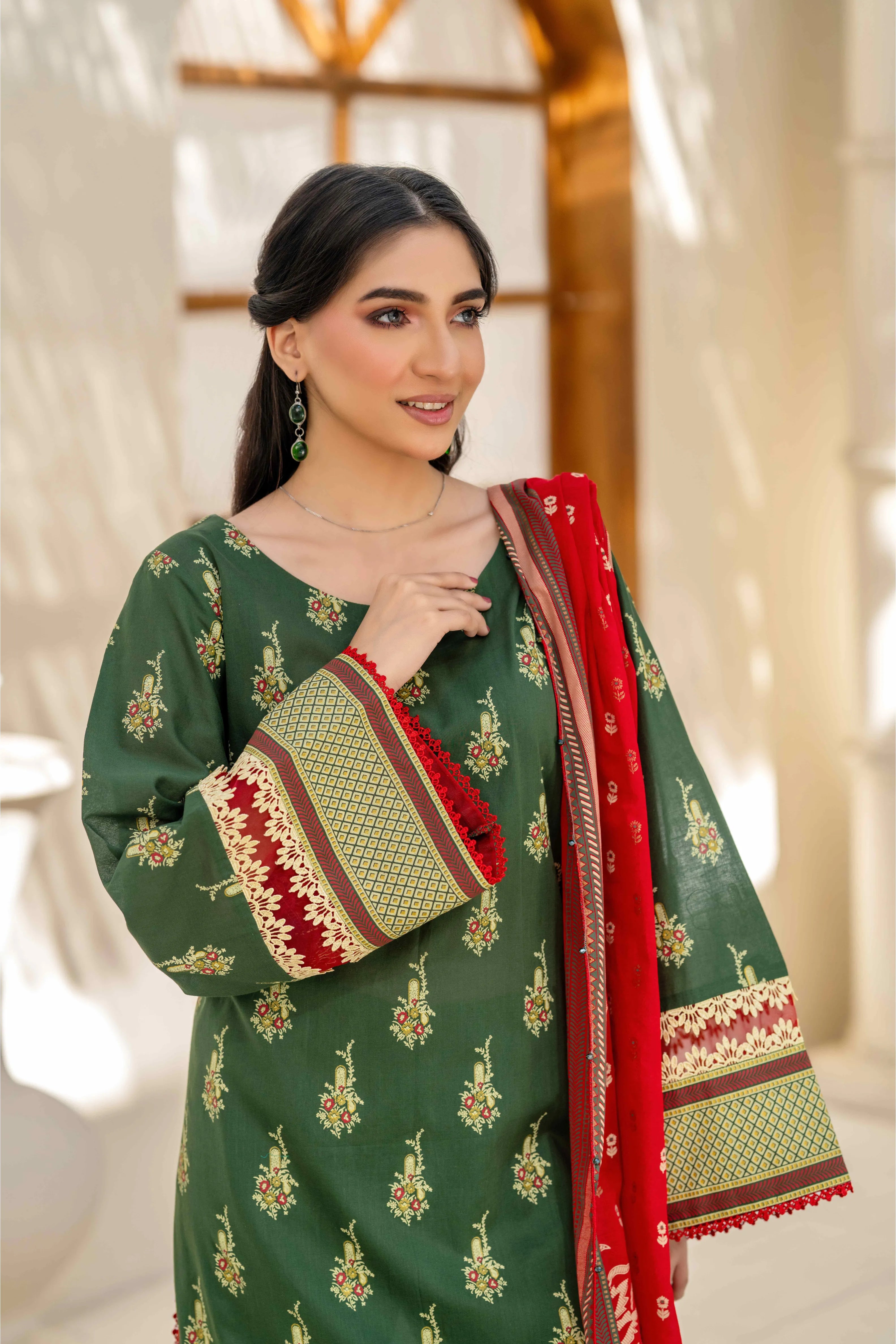 Bottle Green Printed 3-Piece Suit with Red Dupatta