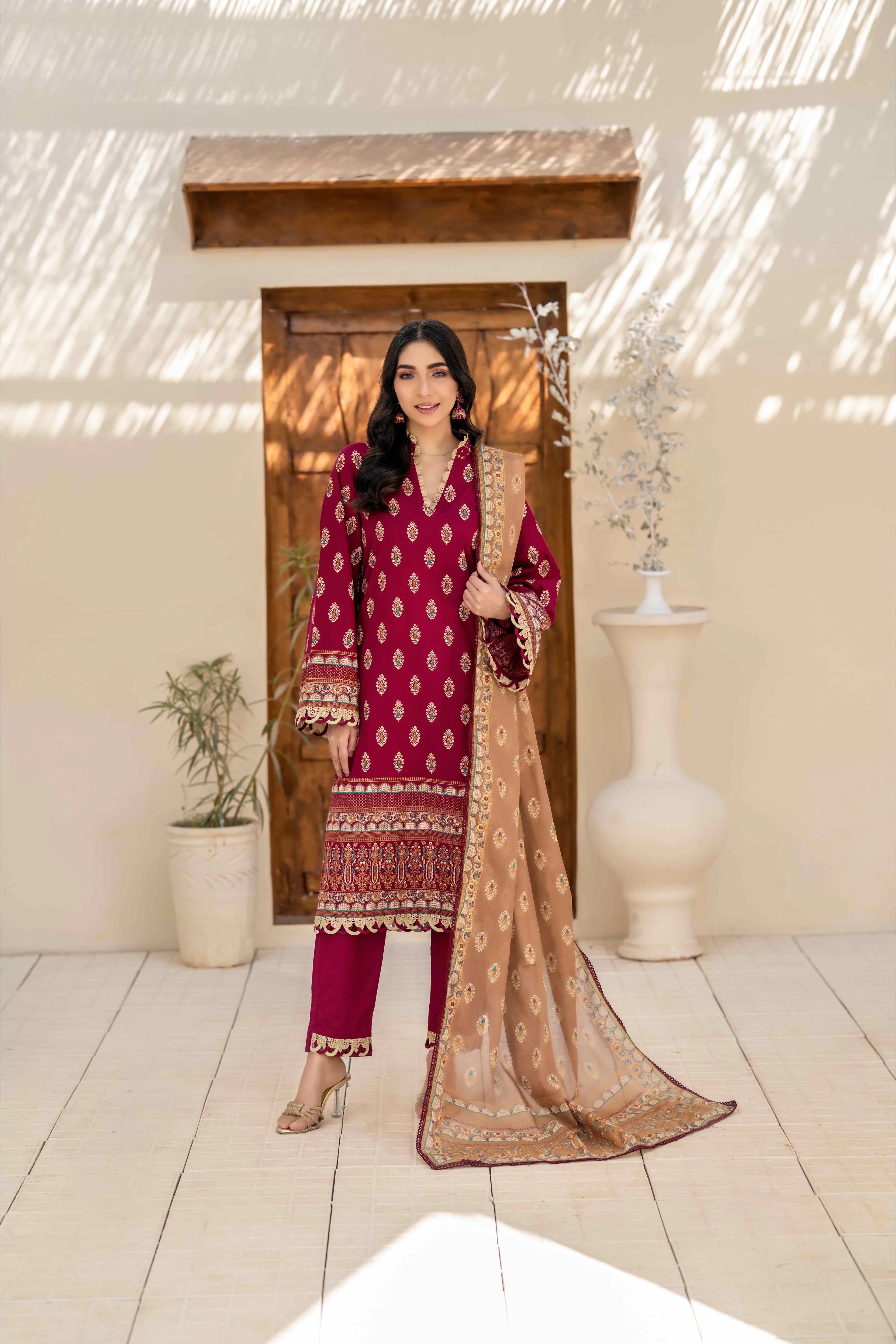 Maroon Printed 3-Piece Suit with Beige Dupatta