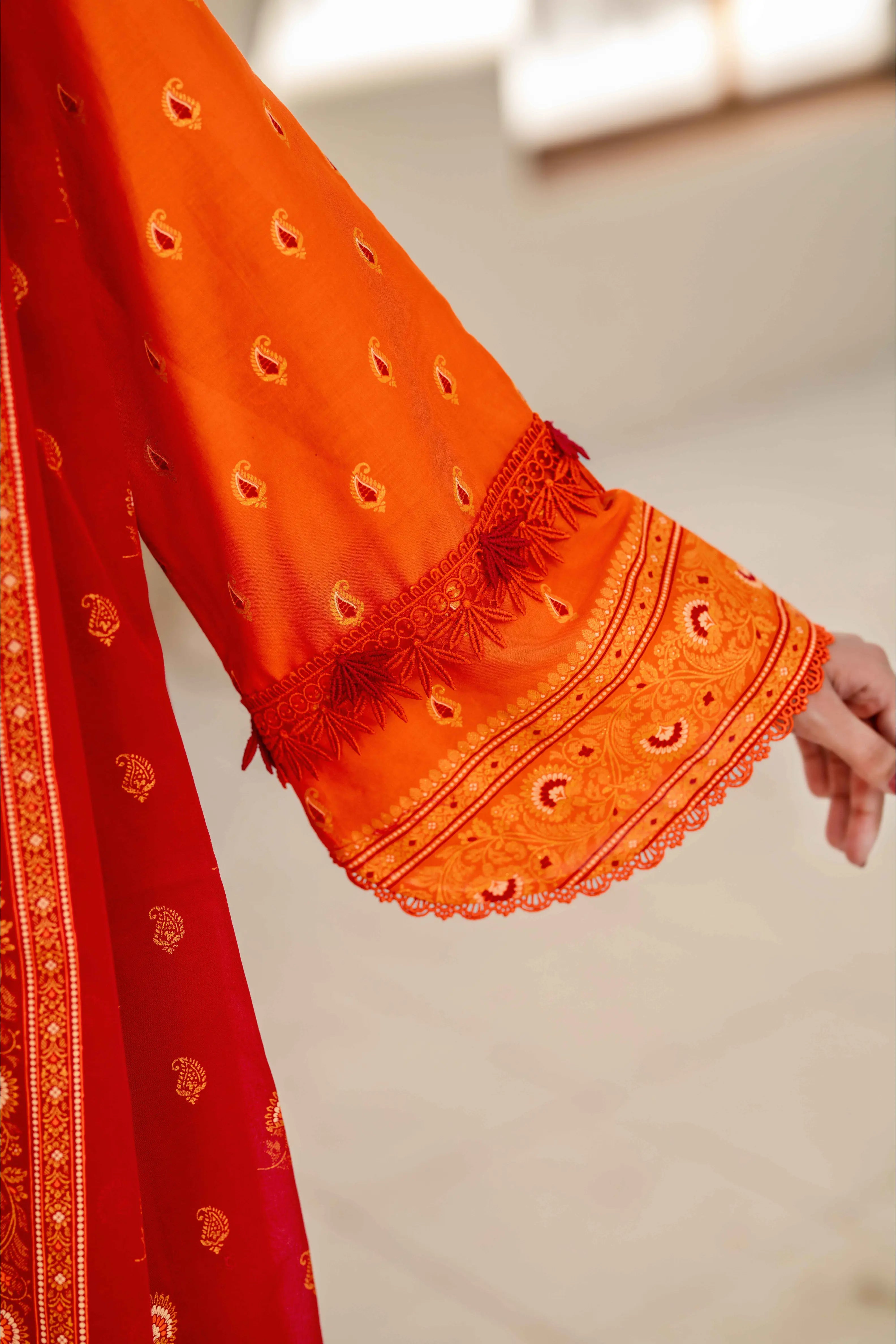 Orange Printed 3-Piece Suit with Contrast Red Dupatta