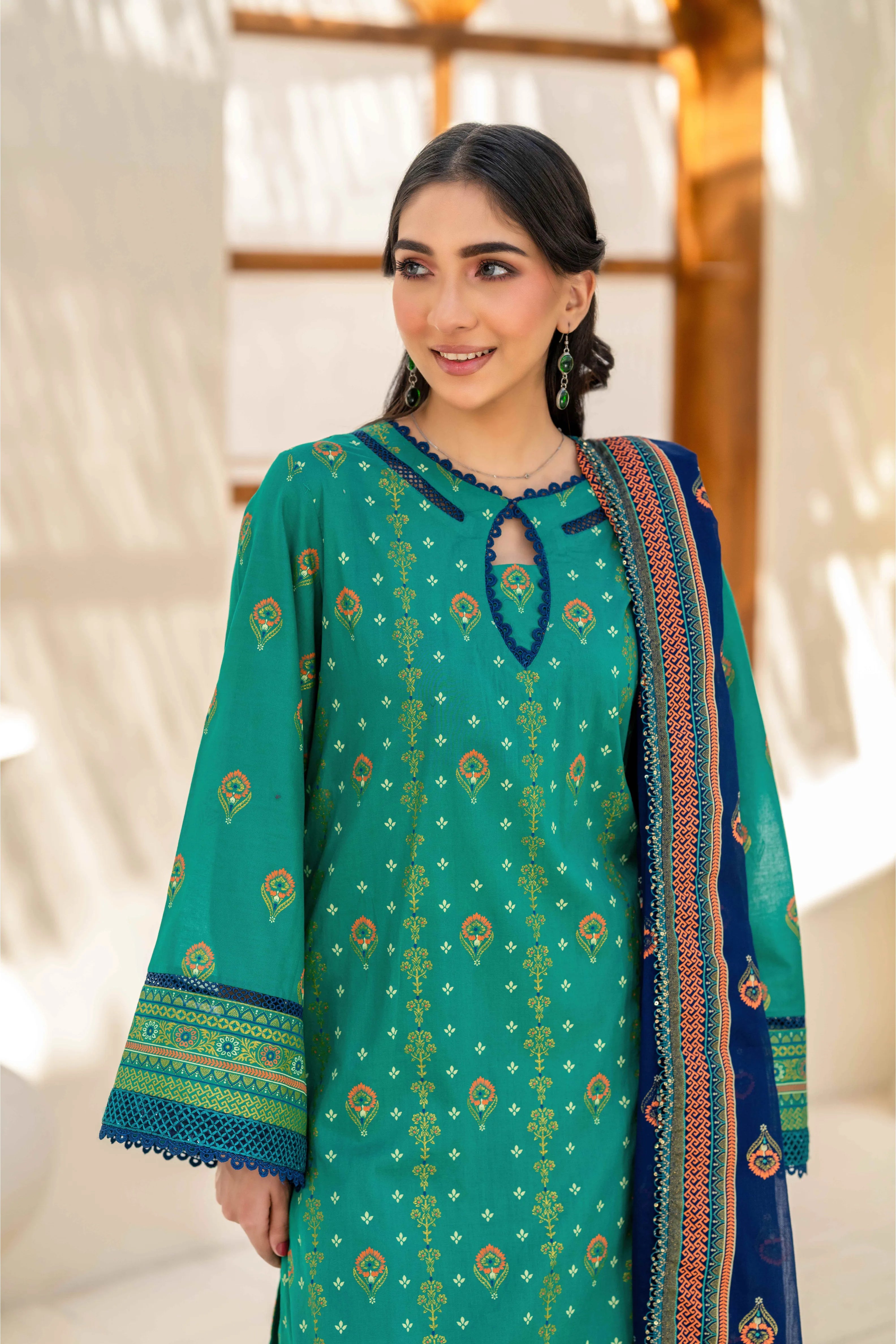 Emerald Green Printed 3-Piece Suit with Navy Blue Dupatta
