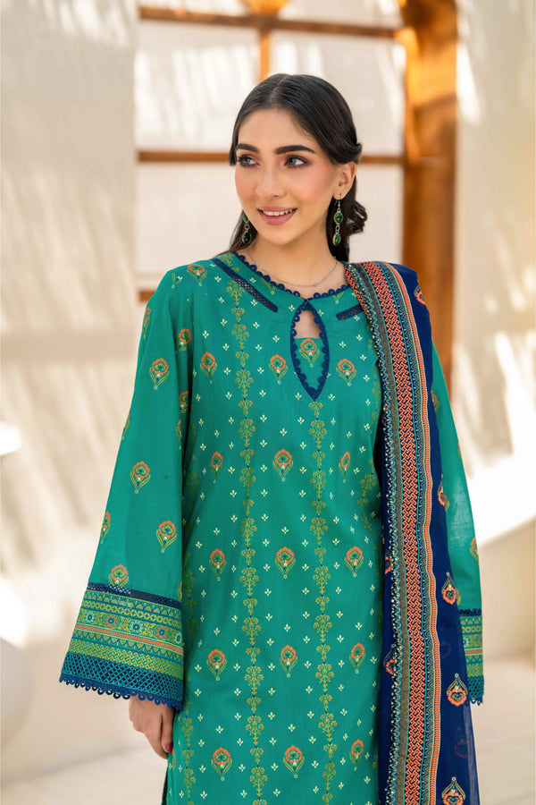 Emerald Green Printed 3-Piece Suit with Navy Blue Dupatta