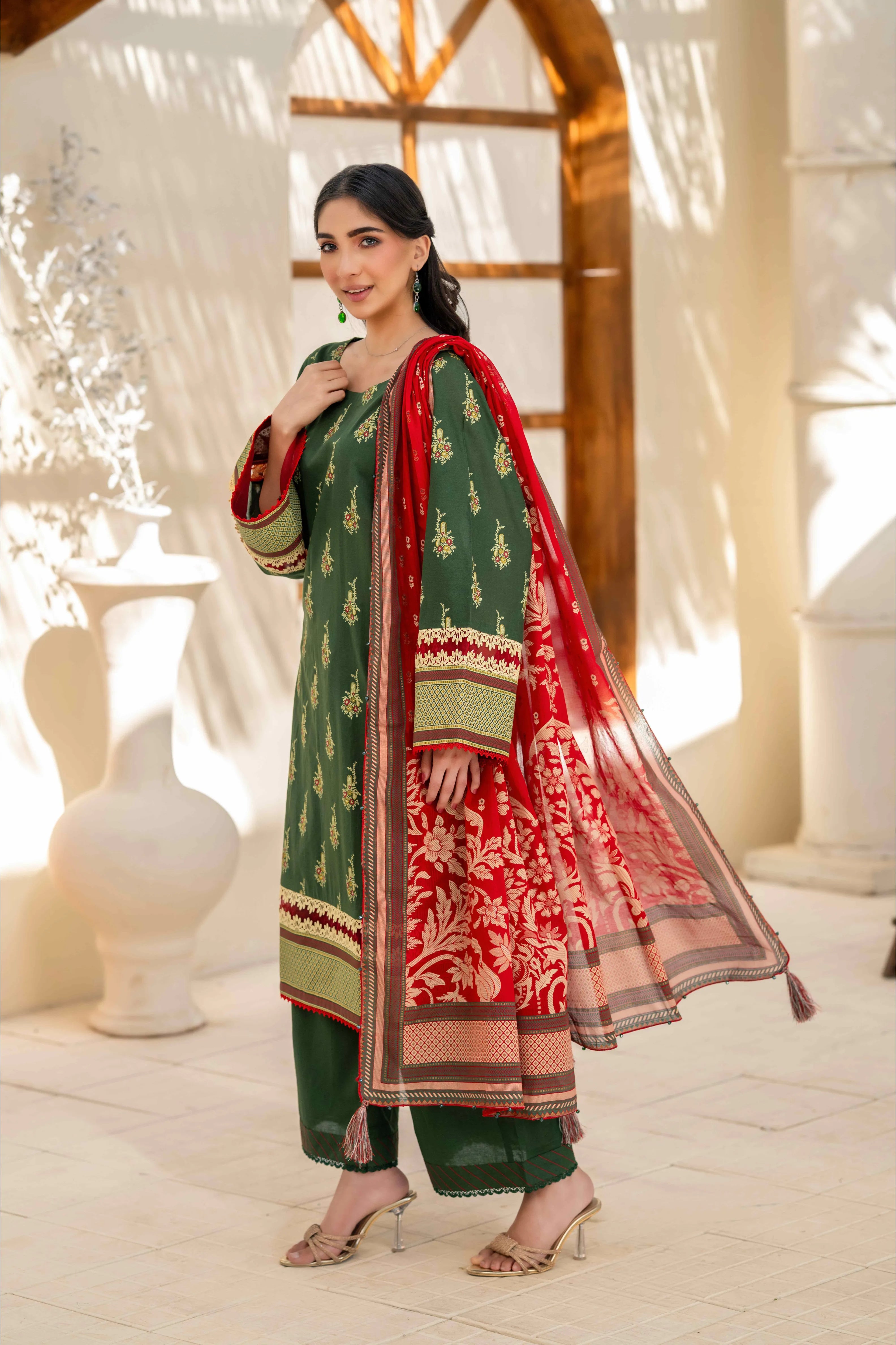Bottle Green Printed 3-Piece Suit with Red Dupatta