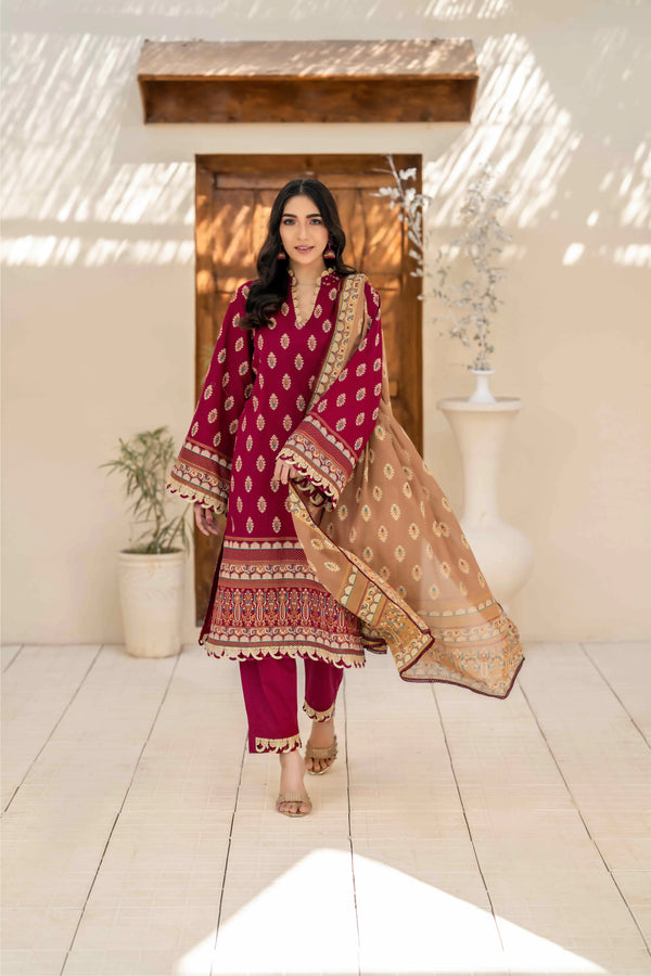 Maroon Printed 3-Piece Suit with Beige Dupatta